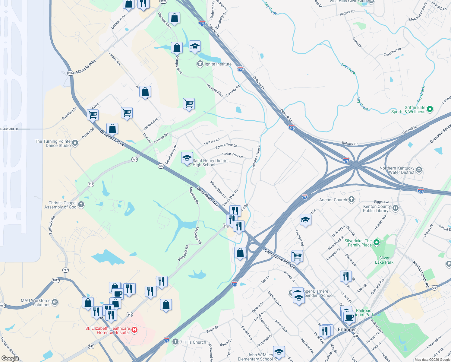 map of restaurants, bars, coffee shops, grocery stores, and more near 680 Peach Tree Lane in Erlanger