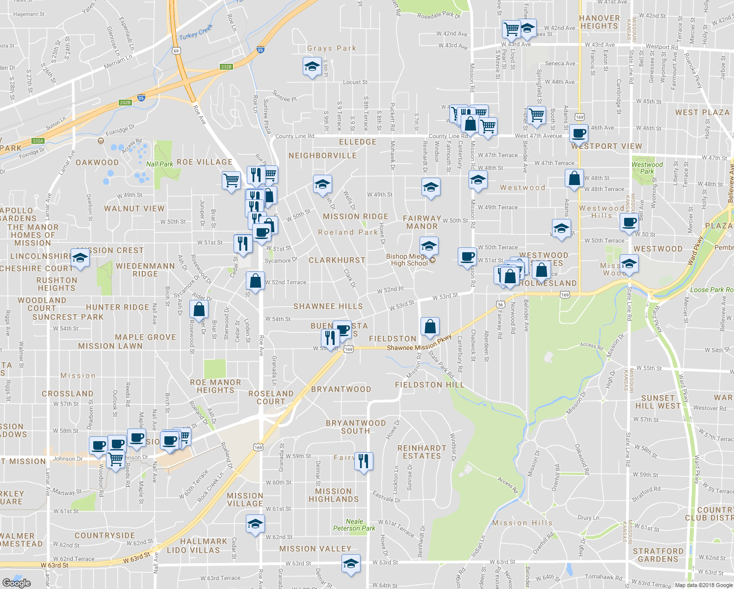 map of restaurants, bars, coffee shops, grocery stores, and more near 4750 Neosho Lane in Roeland Park