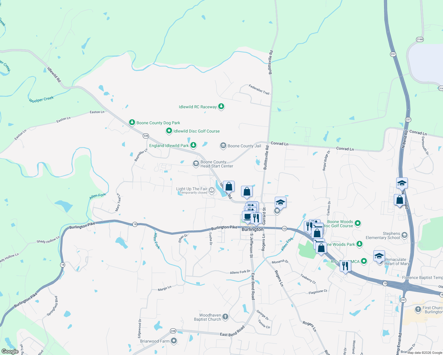 map of restaurants, bars, coffee shops, grocery stores, and more near 5716 Idlewild Rd in Burlington