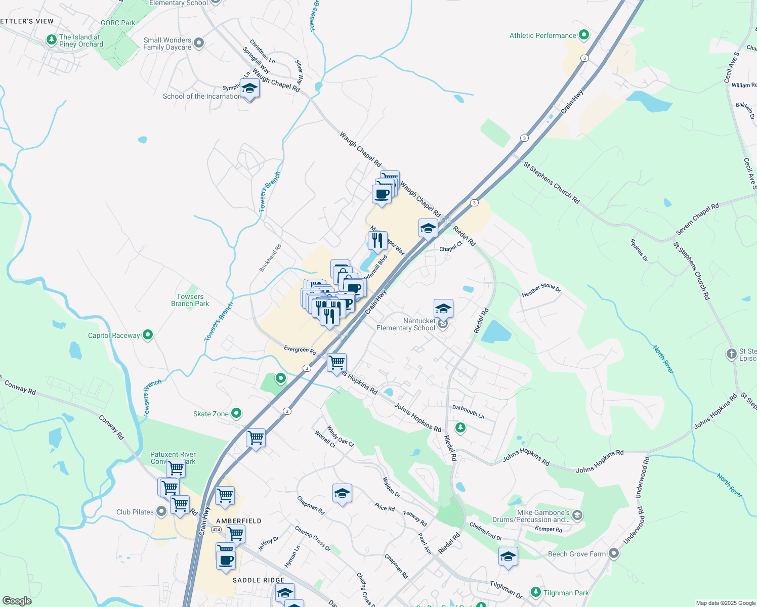 map of restaurants, bars, coffee shops, grocery stores, and more near 2441 Lizbec Court in Crofton