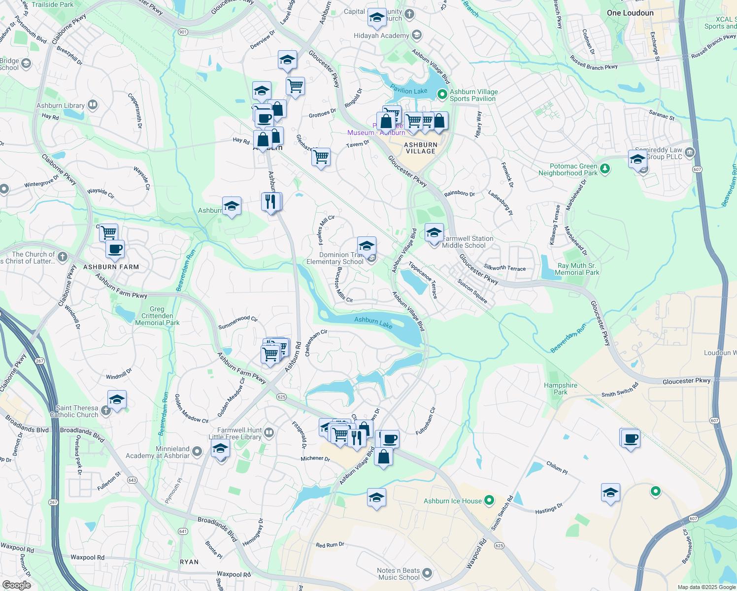 map of restaurants, bars, coffee shops, grocery stores, and more near 44008 Kitts Hill Terrace in Ashburn