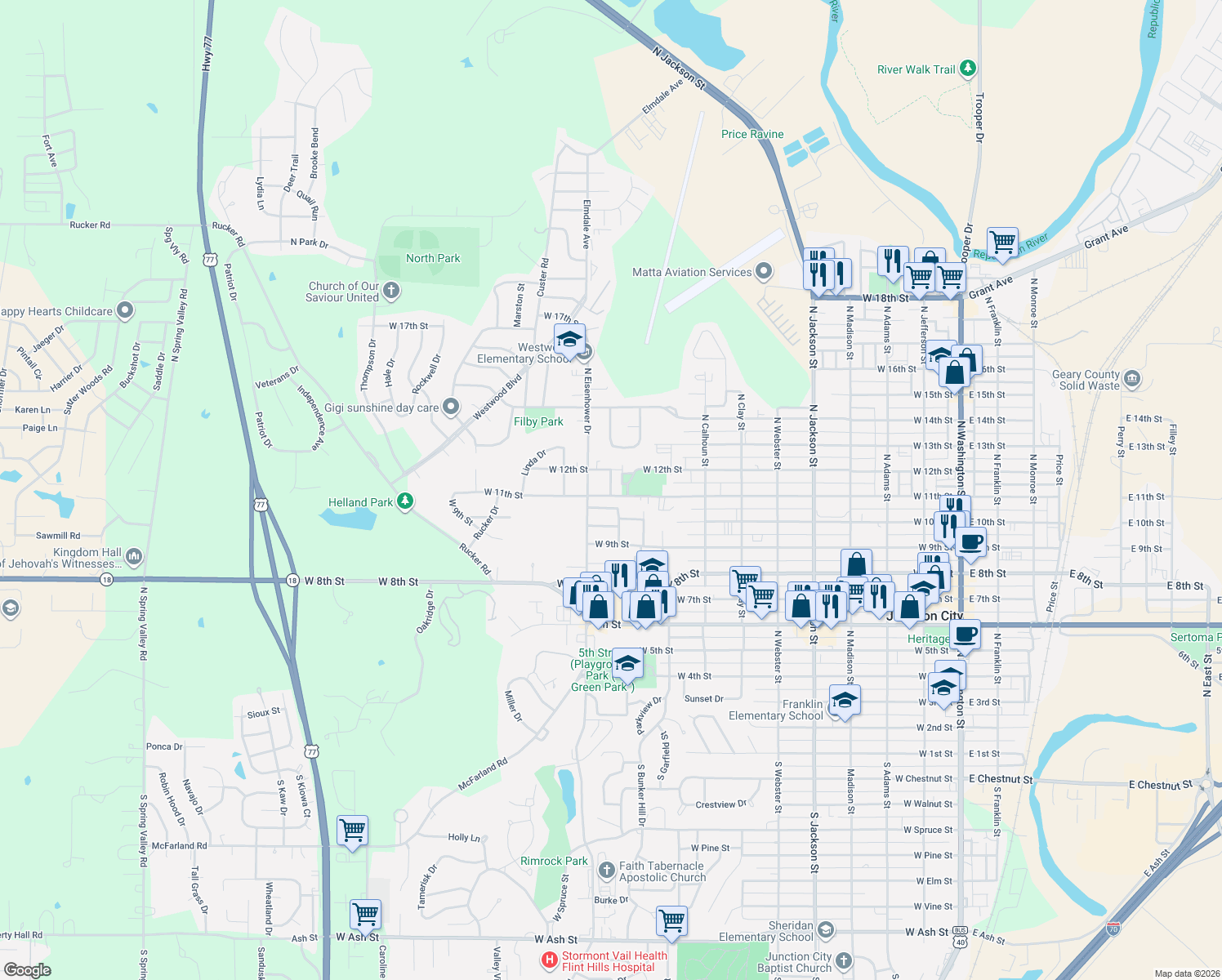 map of restaurants, bars, coffee shops, grocery stores, and more near 1123 Haven Drive in Junction City