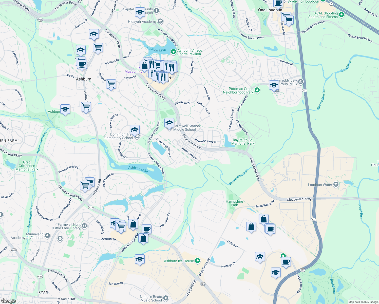 map of restaurants, bars, coffee shops, grocery stores, and more near 44258 Suscon Square in Ashburn