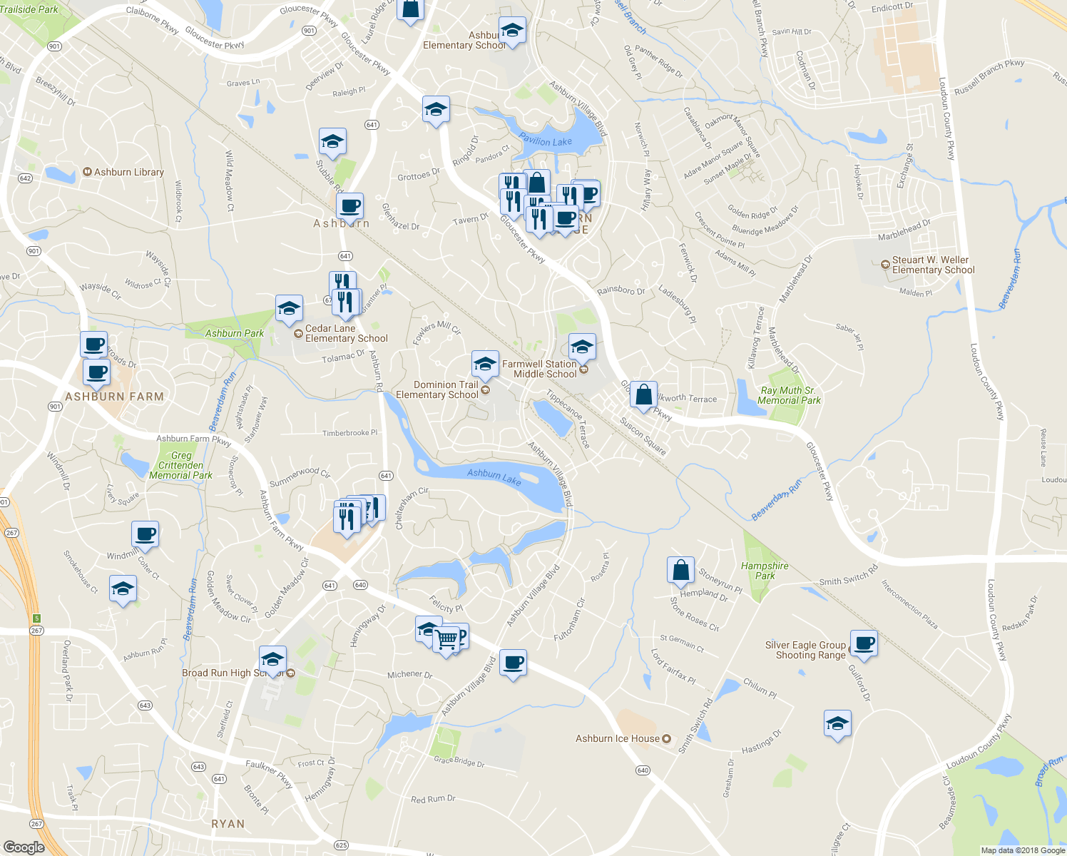 map of restaurants, bars, coffee shops, grocery stores, and more near 21041 Mossy Glen Terrace in Ashburn
