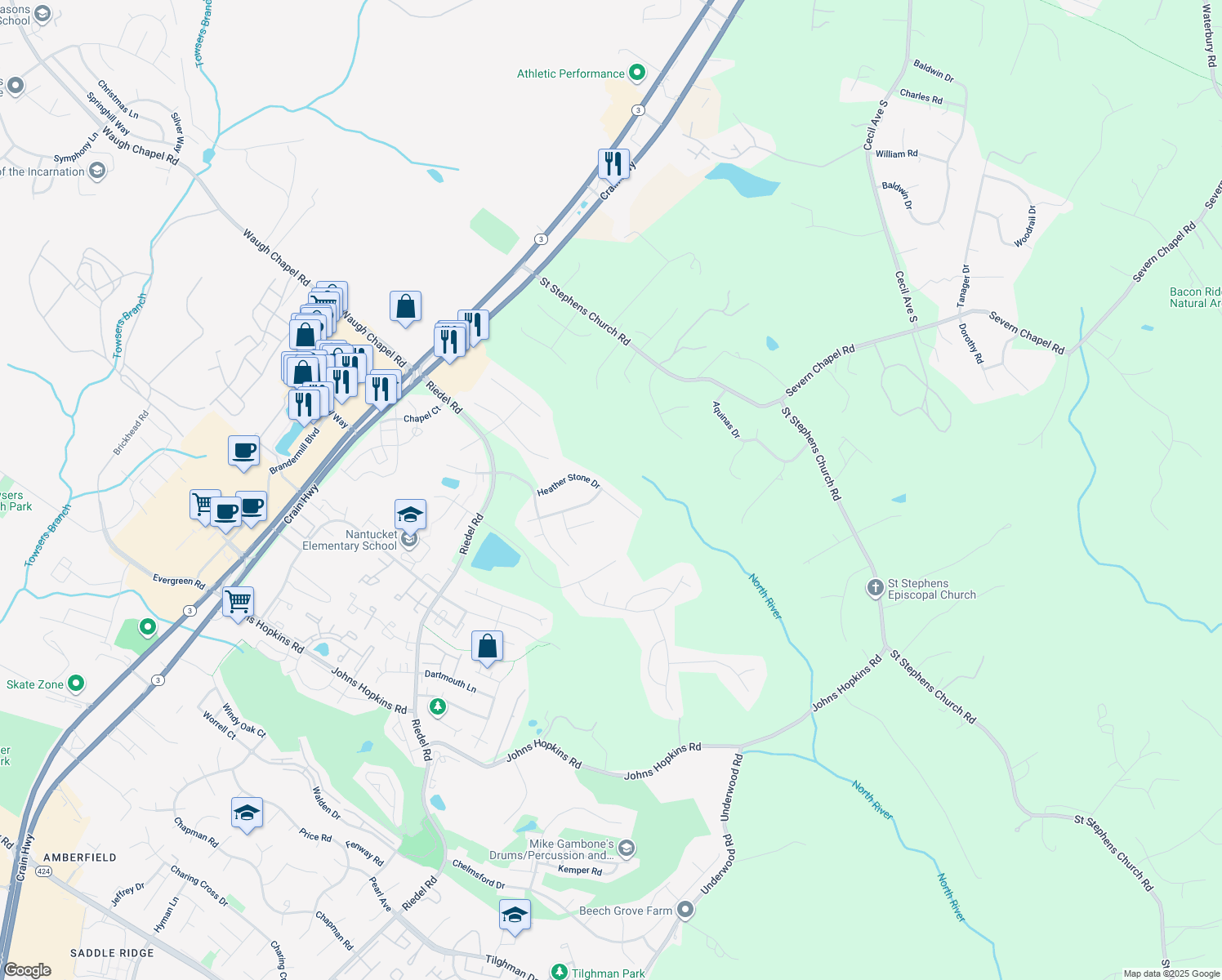 map of restaurants, bars, coffee shops, grocery stores, and more near 2418 Heather Stone Drive in Gambrills