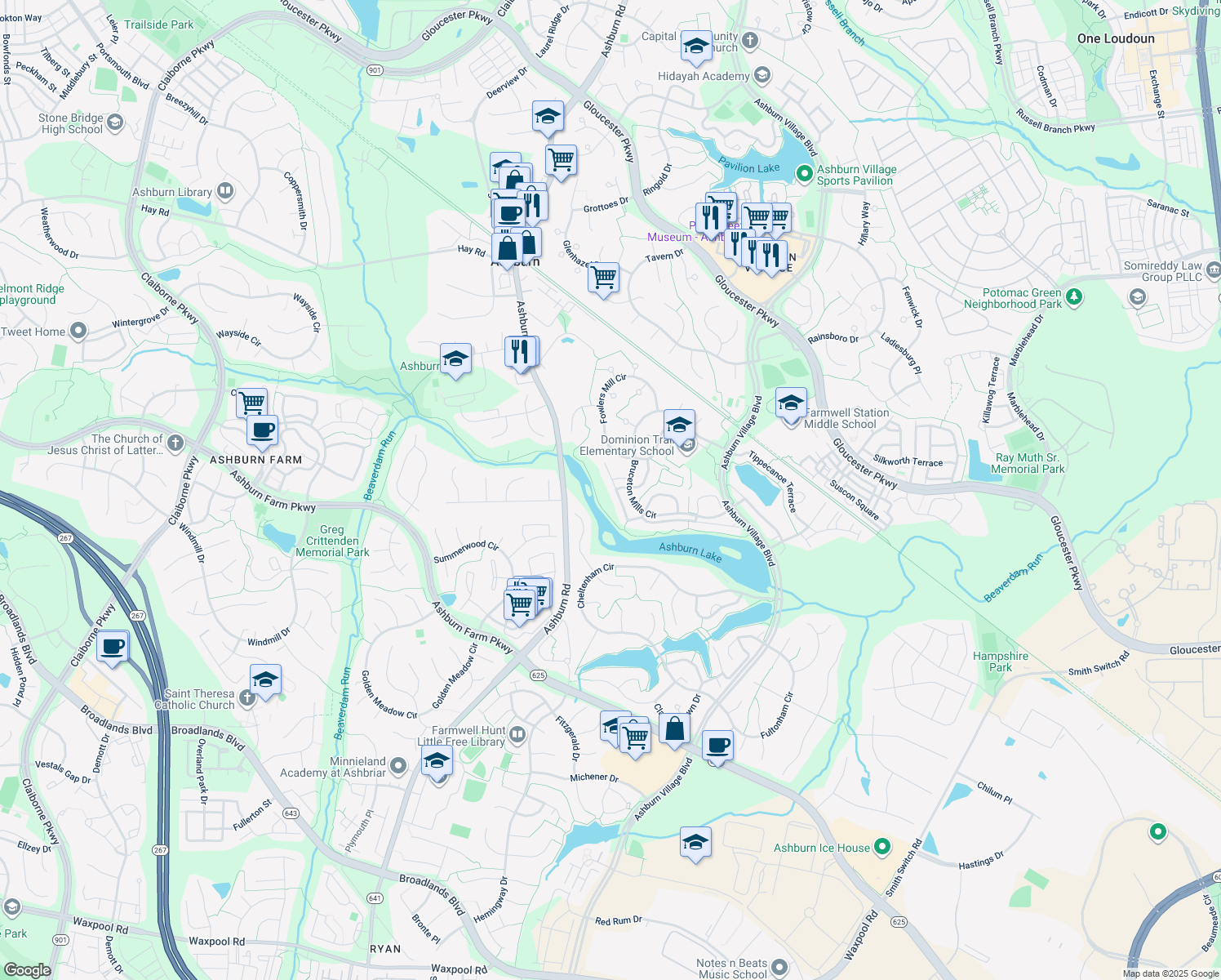 map of restaurants, bars, coffee shops, grocery stores, and more near 21043 Roaming Shores Terrace in Ashburn