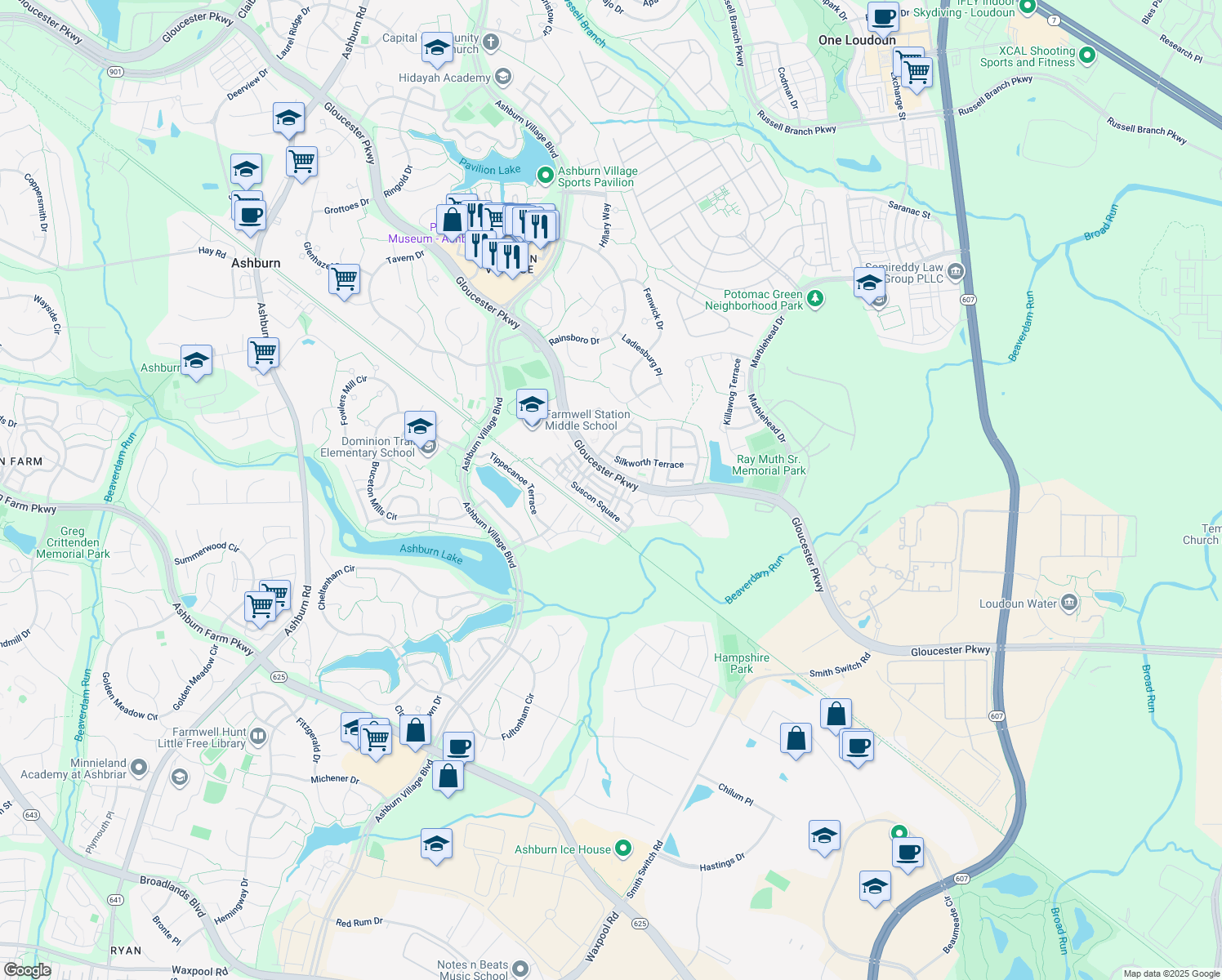 map of restaurants, bars, coffee shops, grocery stores, and more near 44266 Shehawken Terrace in Ashburn
