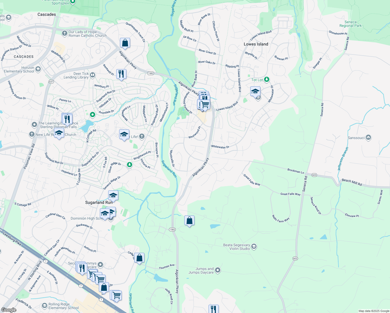 map of restaurants, bars, coffee shops, grocery stores, and more near 20056 Great Falls Forest Drive in Great Falls