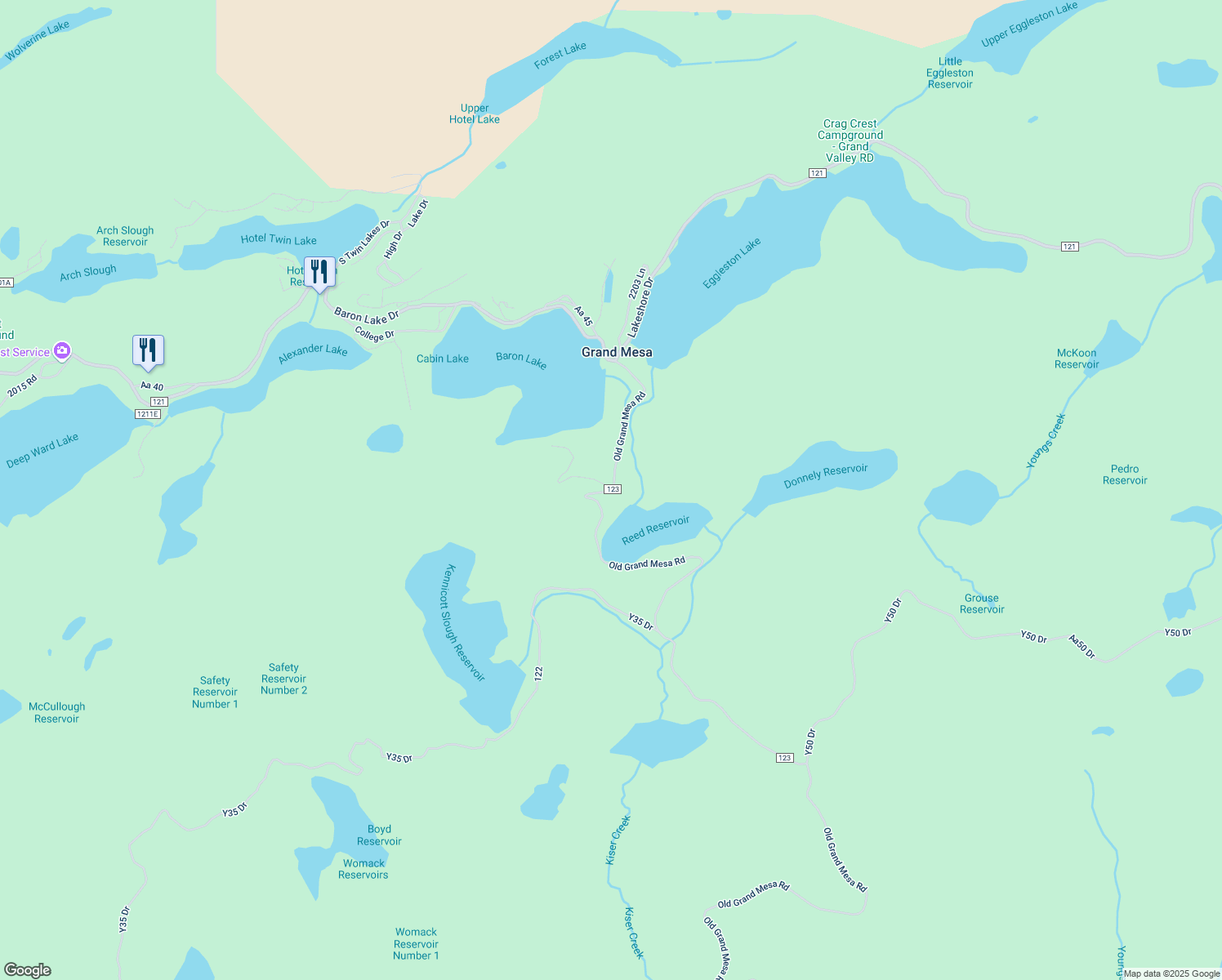 map of restaurants, bars, coffee shops, grocery stores, and more near 26267 Old Grand Mesa Road in Cedaredge