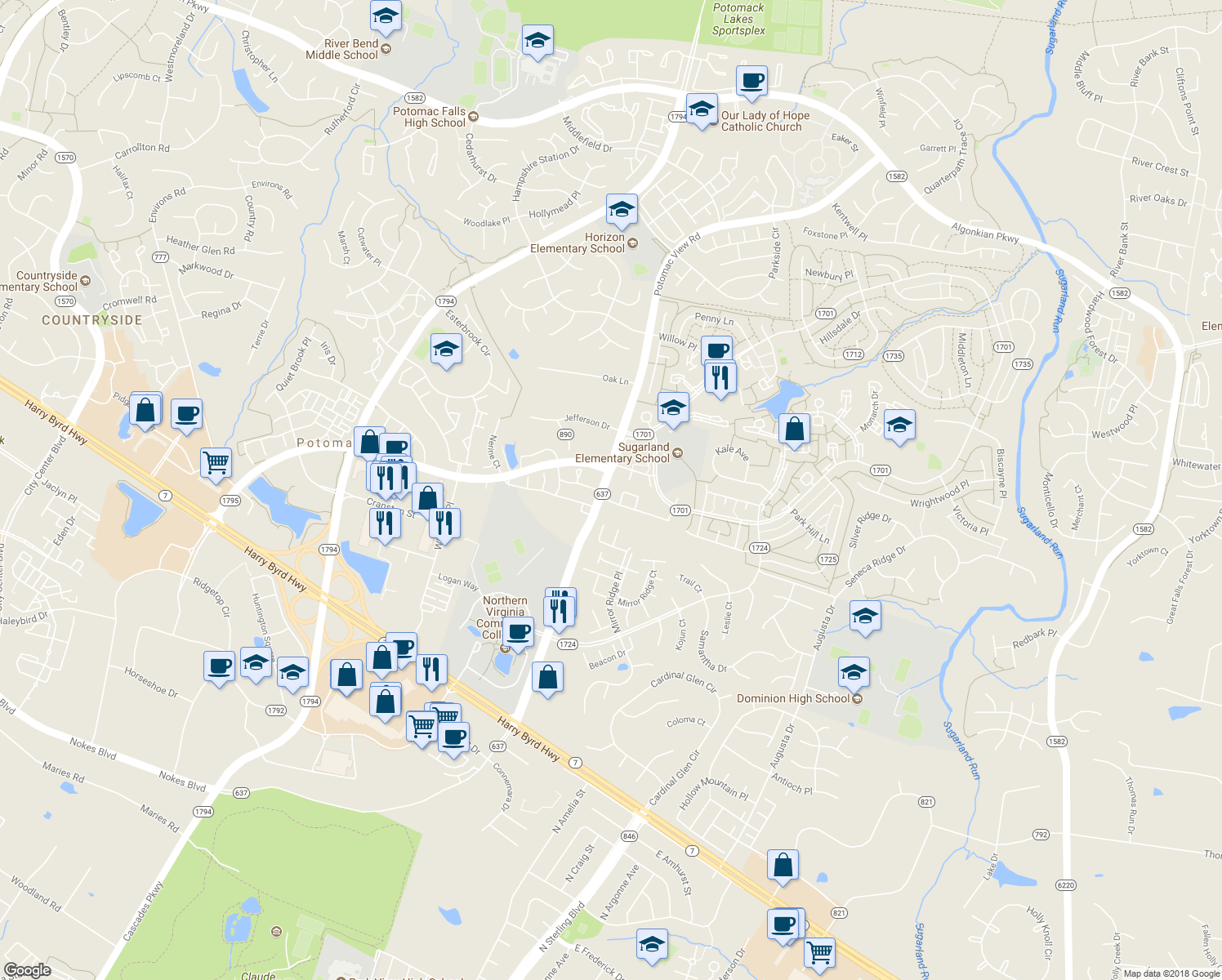 map of restaurants, bars, coffee shops, grocery stores, and more near 1012 Brethour Court in Sterling