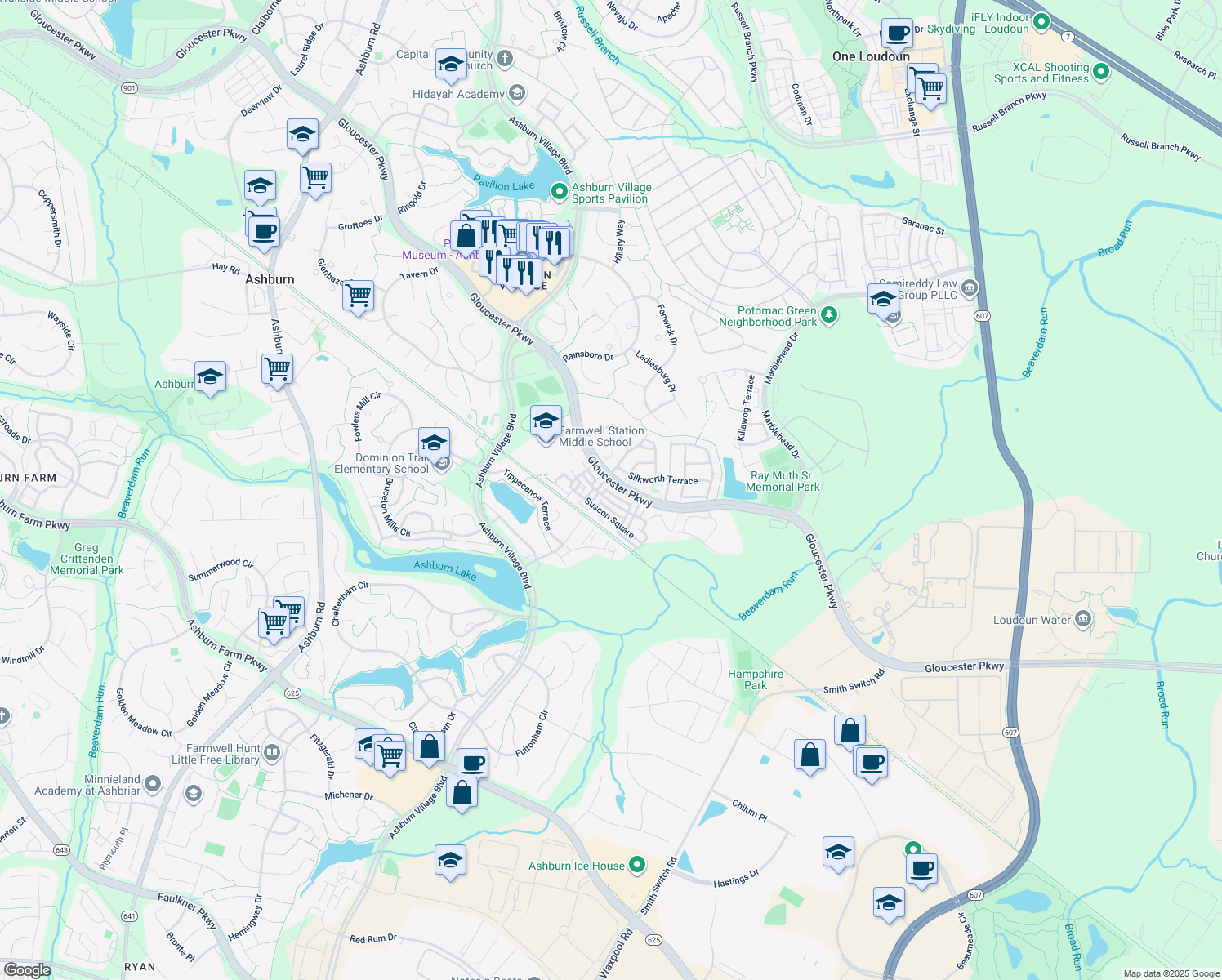 map of restaurants, bars, coffee shops, grocery stores, and more near 44256 Marchand Lane in Ashburn