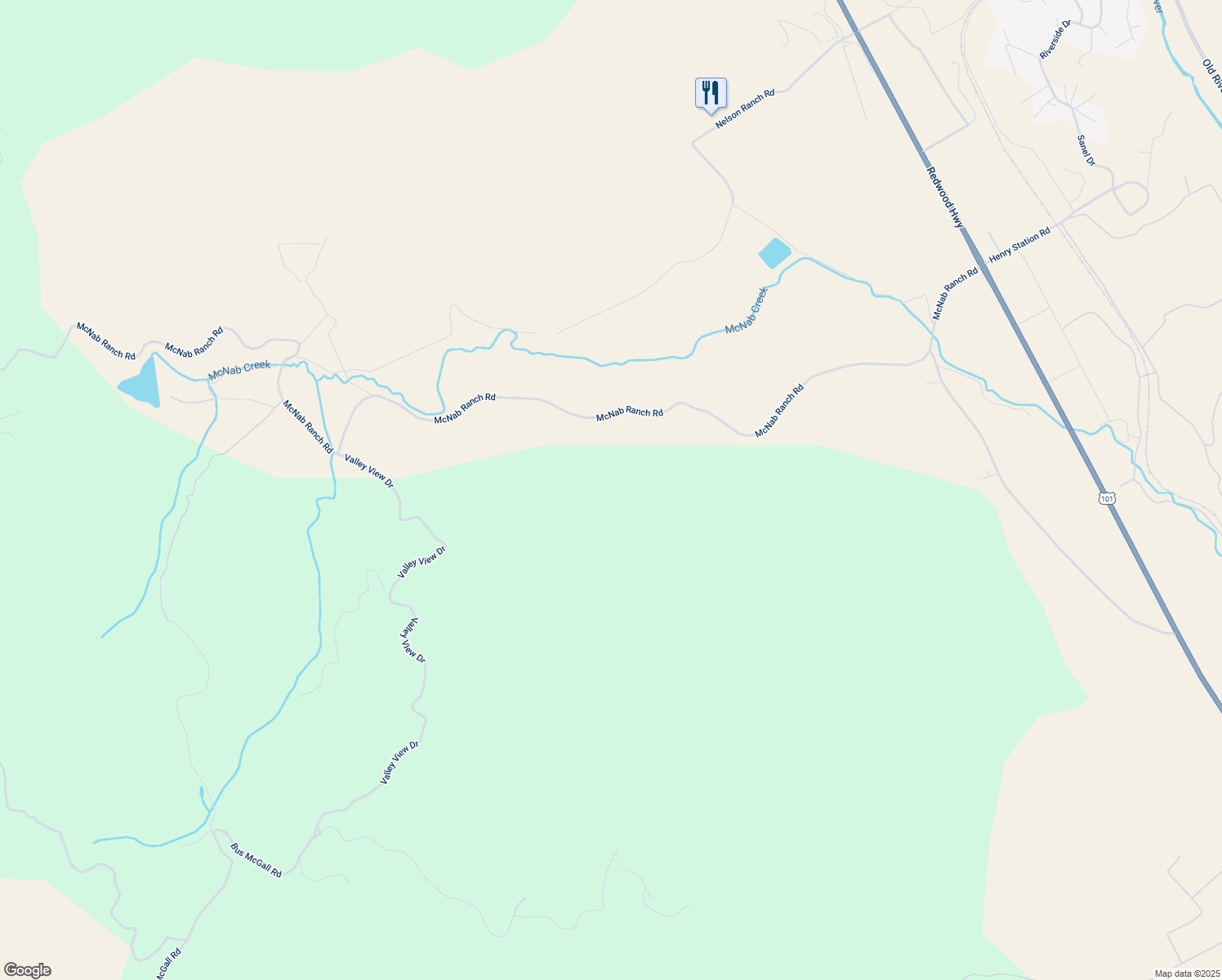 map of restaurants, bars, coffee shops, grocery stores, and more near 1300 McNab Ranch Road in Ukiah