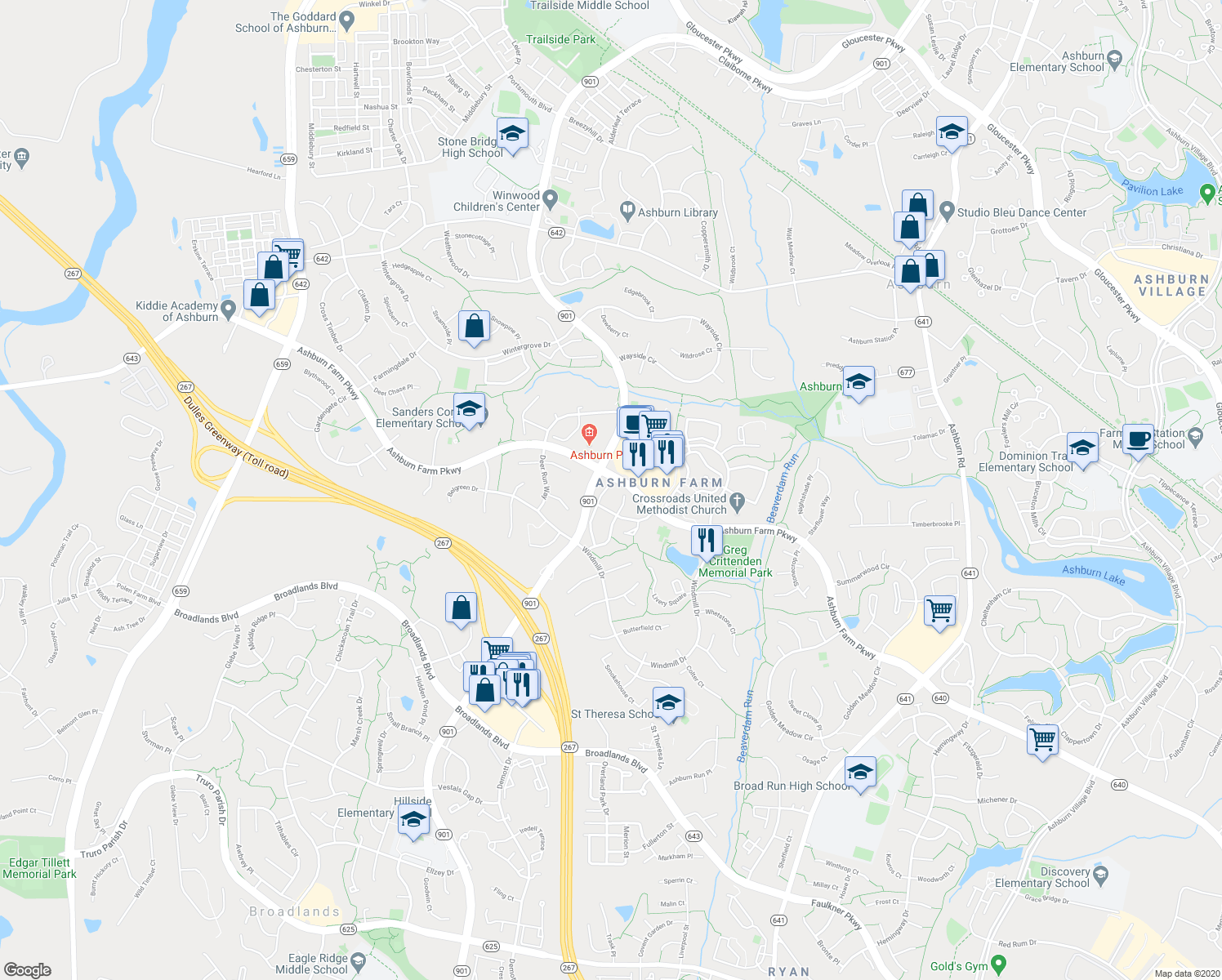 map of restaurants, bars, coffee shops, grocery stores, and more near 20972 Strawrick Terrace in Ashburn