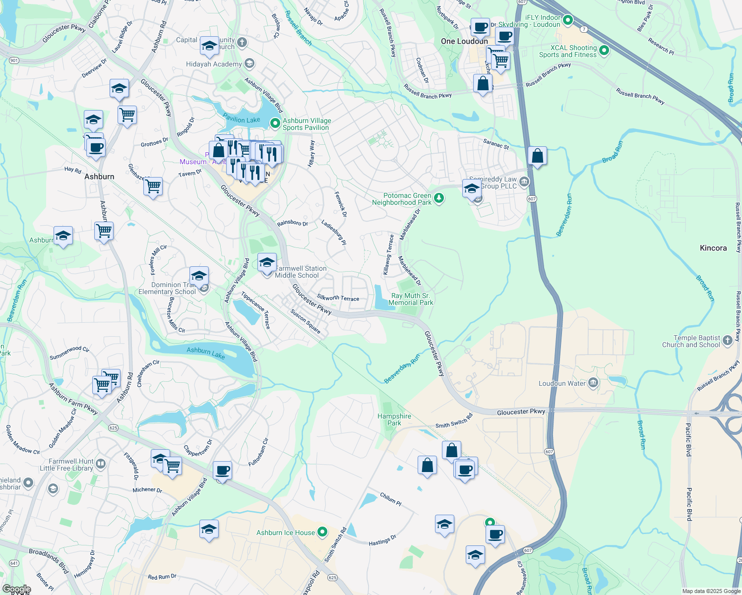 map of restaurants, bars, coffee shops, grocery stores, and more near 20954 Winola Terrace in Ashburn