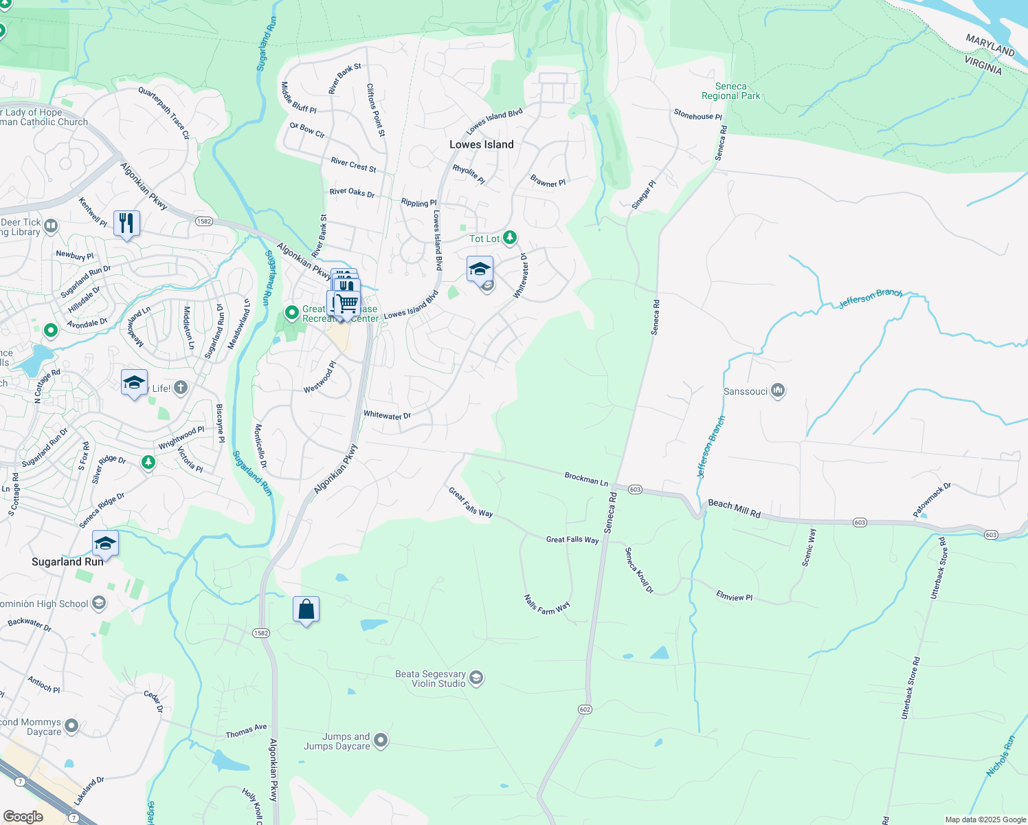 map of restaurants, bars, coffee shops, grocery stores, and more near 505 Seneca Green Way in Great Falls