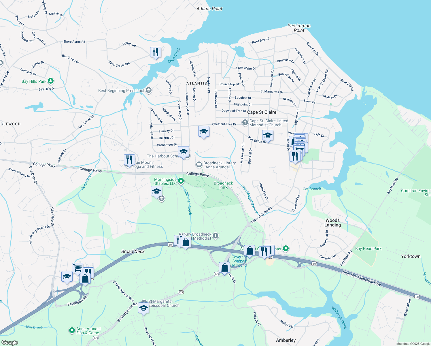 map of restaurants, bars, coffee shops, grocery stores, and more near 1241 Destiny Circle in Annapolis