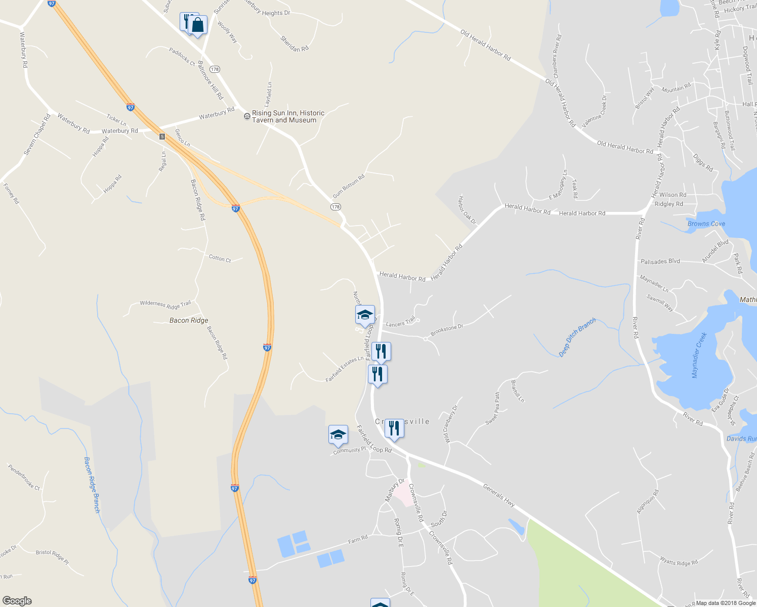 map of restaurants, bars, coffee shops, grocery stores, and more near 1256 Generals Highway in Crownsville