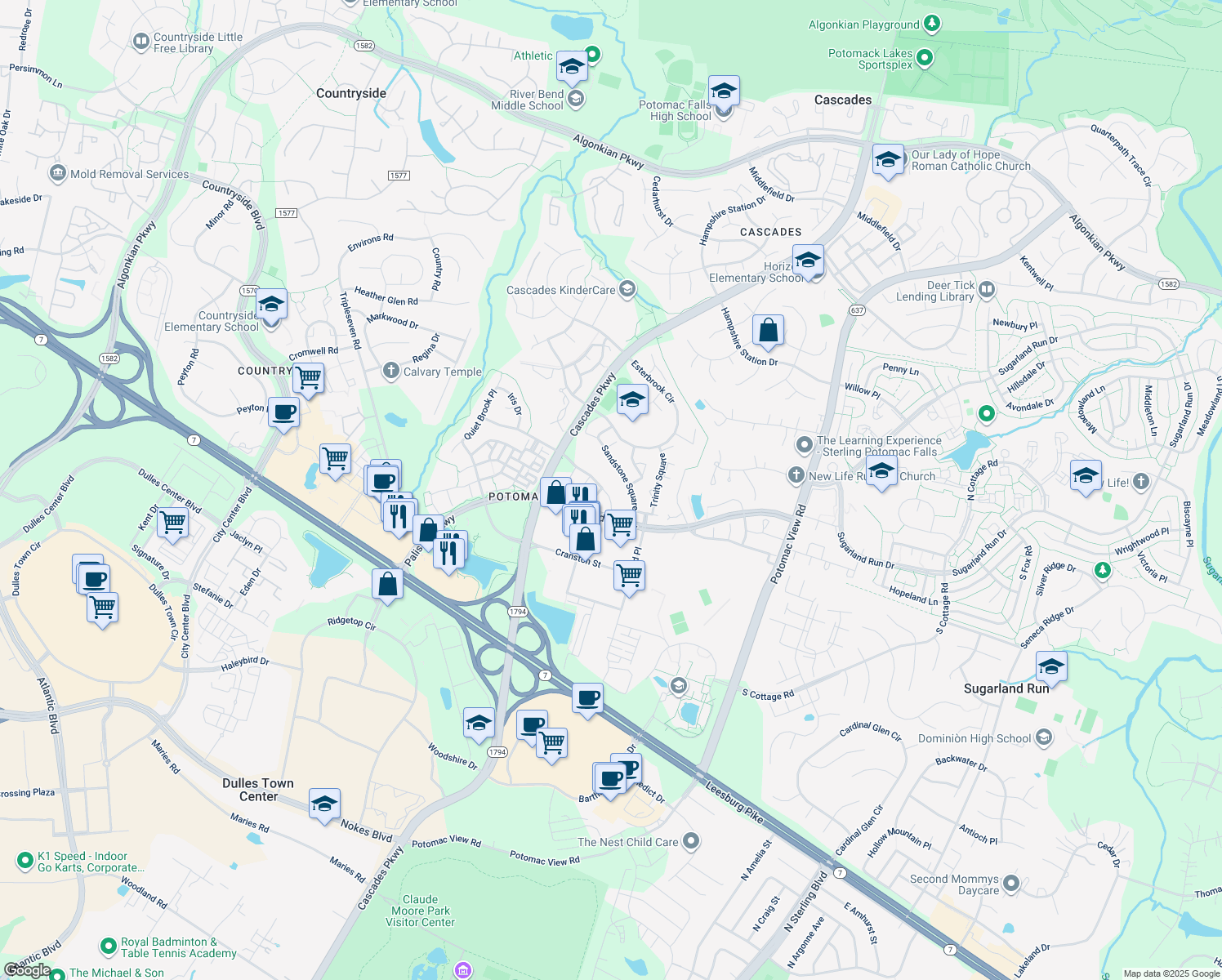 map of restaurants, bars, coffee shops, grocery stores, and more near 46330 Summerhill Place in Sterling