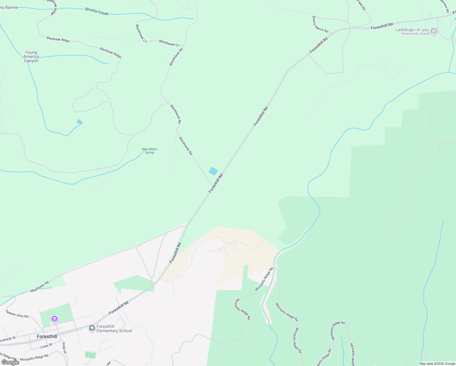 map of restaurants, bars, coffee shops, grocery stores, and more near 26270 Foresthill Road in Foresthill