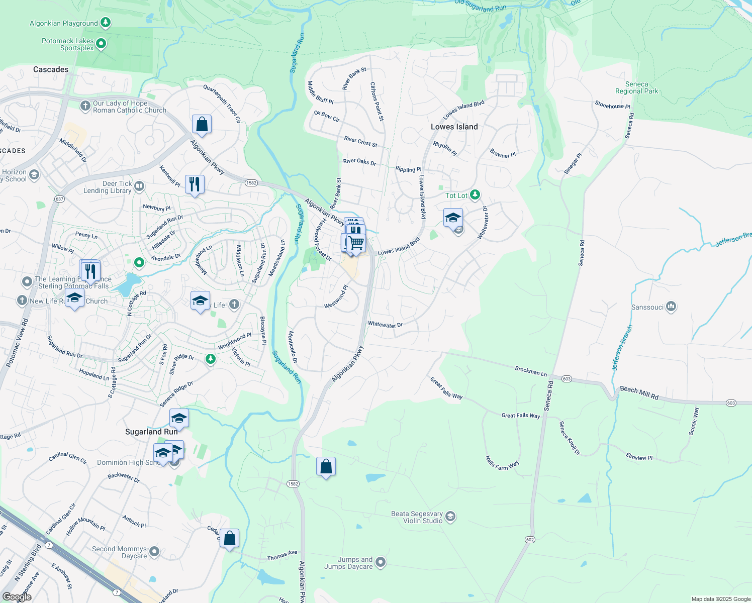 map of restaurants, bars, coffee shops, grocery stores, and more near 20874 Royal Villa Terrace in Sterling