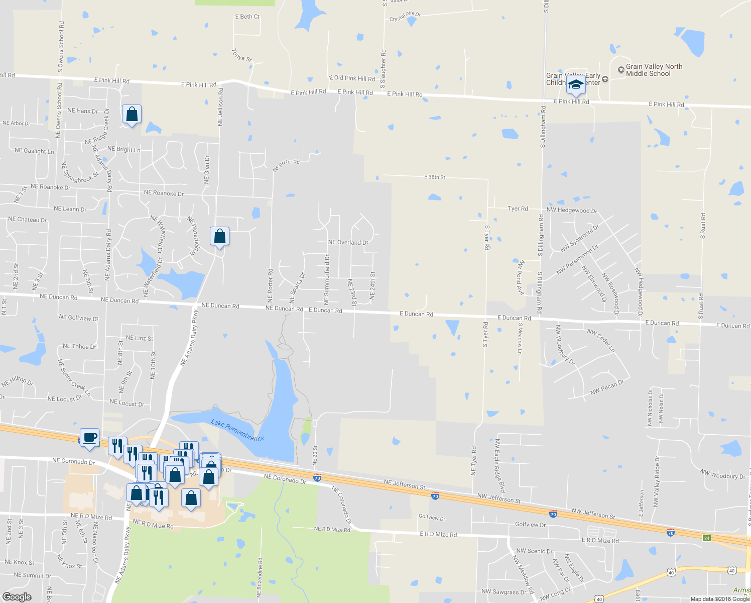 map of restaurants, bars, coffee shops, grocery stores, and more near 1904 Northeast 24th Court in Blue Springs