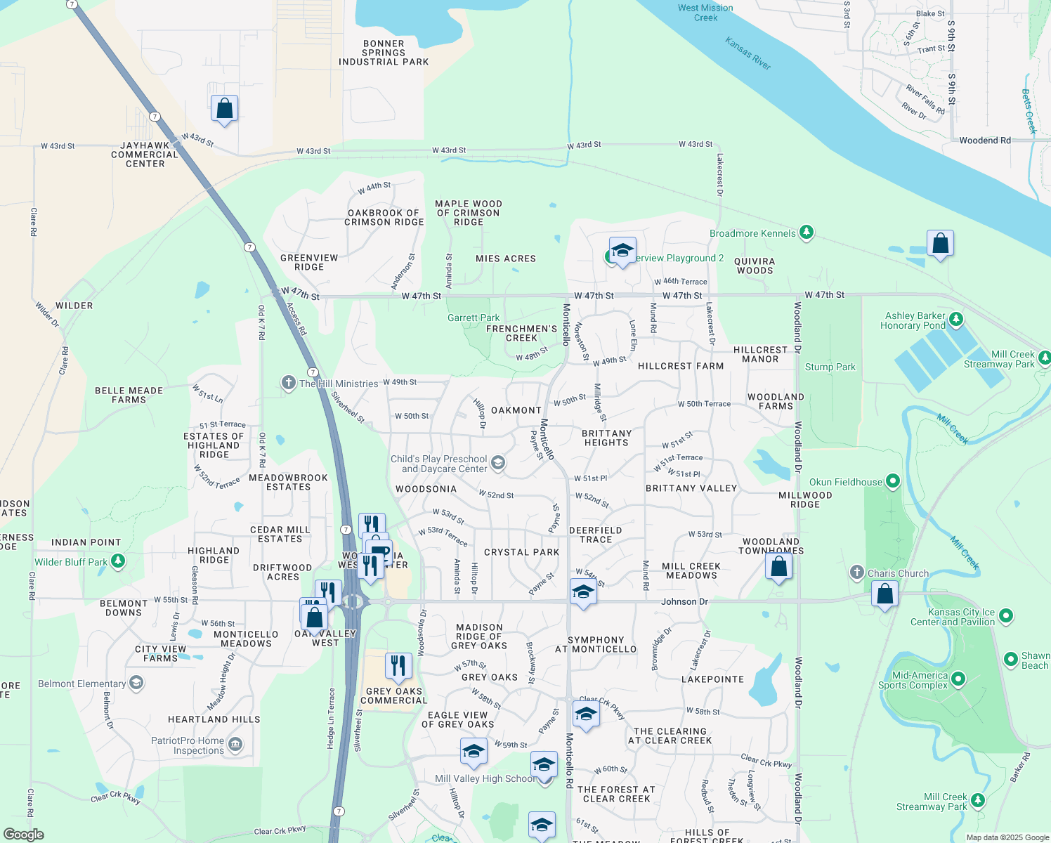 map of restaurants, bars, coffee shops, grocery stores, and more near 22014 W 51st St in Shawnee