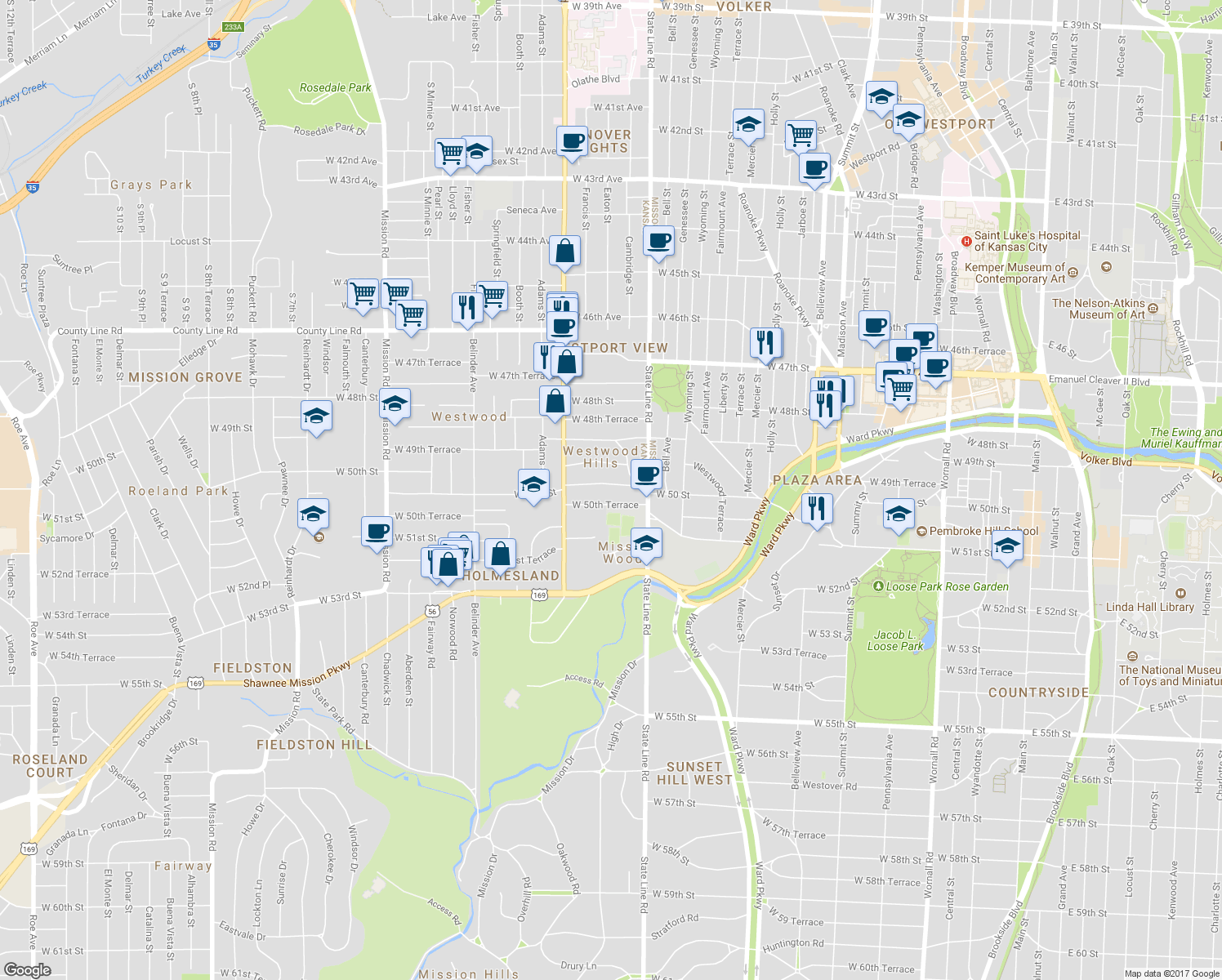 map of restaurants, bars, coffee shops, grocery stores, and more near 2013 W 50th St in Westwood Hills