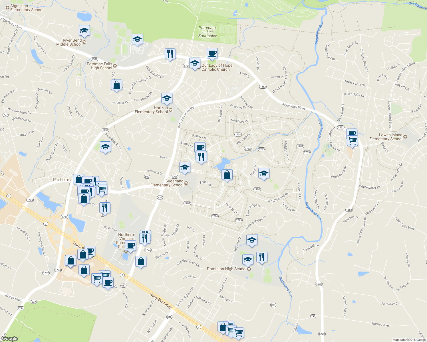 map of restaurants, bars, coffee shops, grocery stores, and more near 34 Carolina Court in Sterling