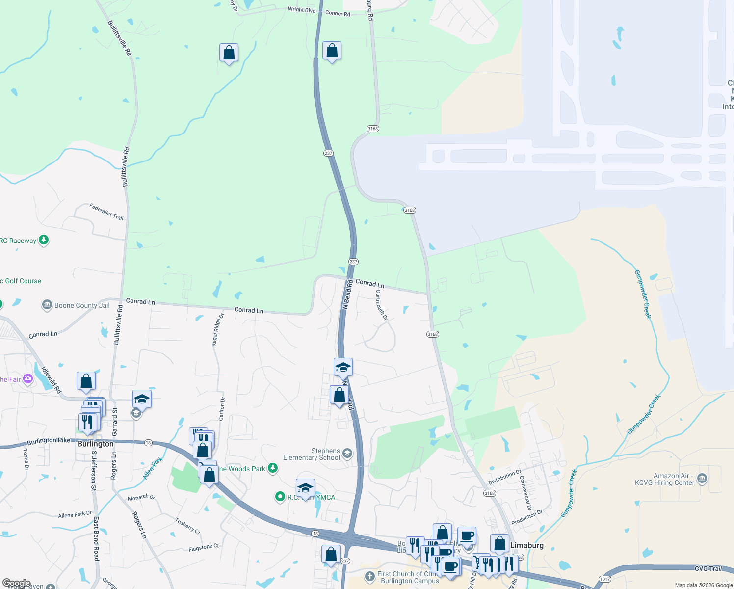 map of restaurants, bars, coffee shops, grocery stores, and more near 1910 Cambridge Drive in Burlington