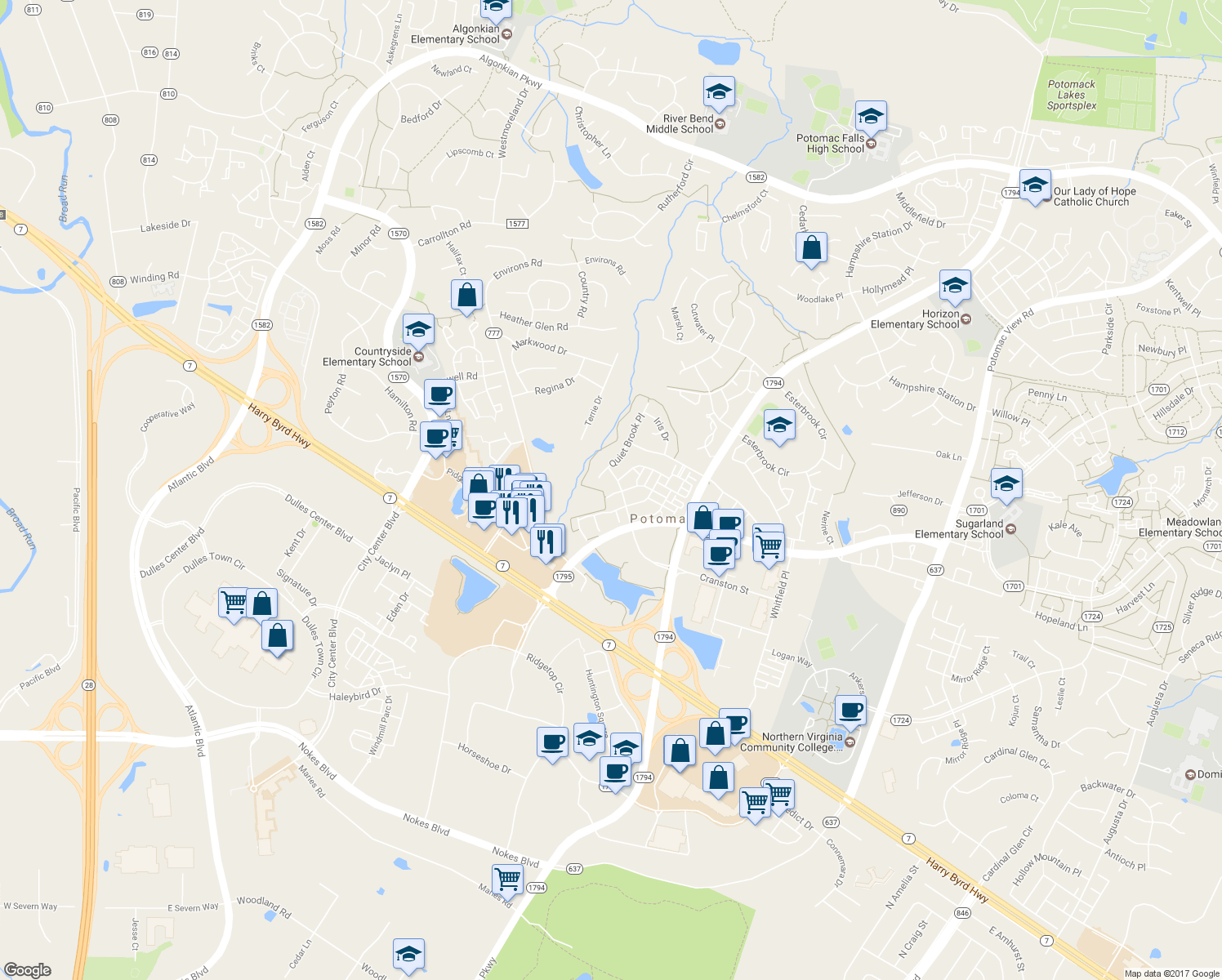 map of restaurants, bars, coffee shops, grocery stores, and more near 46120 Geneva Terrace in Sterling