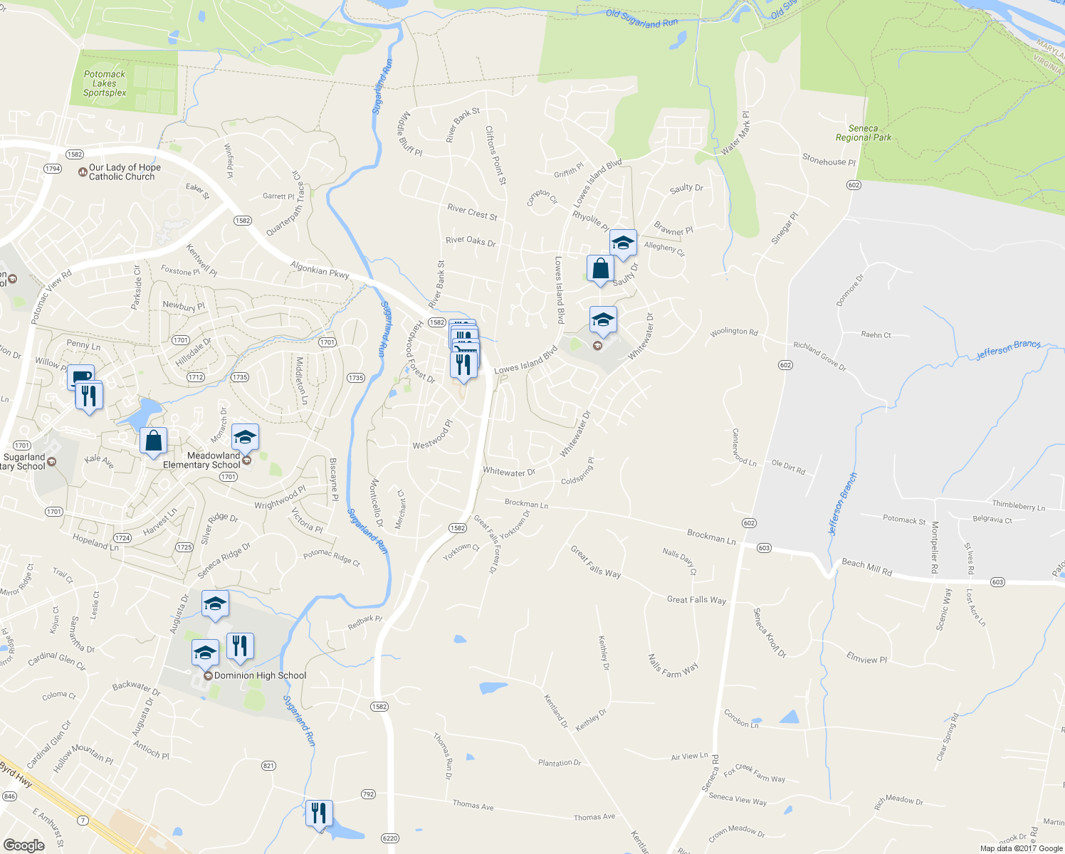 map of restaurants, bars, coffee shops, grocery stores, and more near 47503 Sharpskin Island Square in Sterling