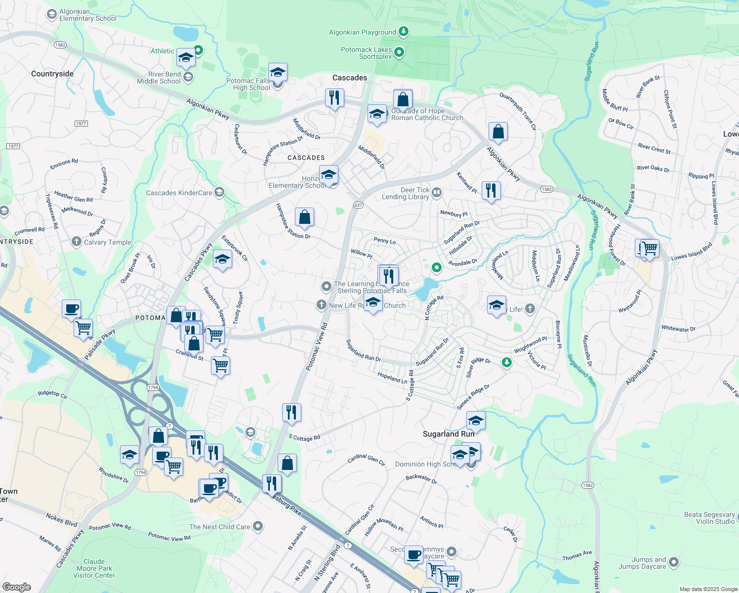 map of restaurants, bars, coffee shops, grocery stores, and more near 4 Sugarland Square Court in Sterling