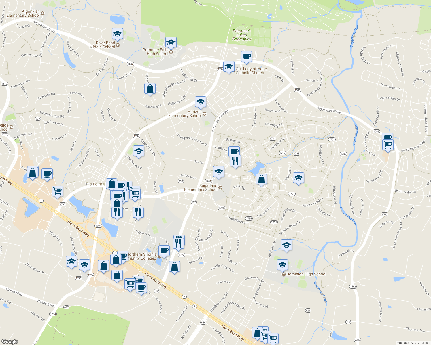 map of restaurants, bars, coffee shops, grocery stores, and more near 103 Drury Circle in Sterling