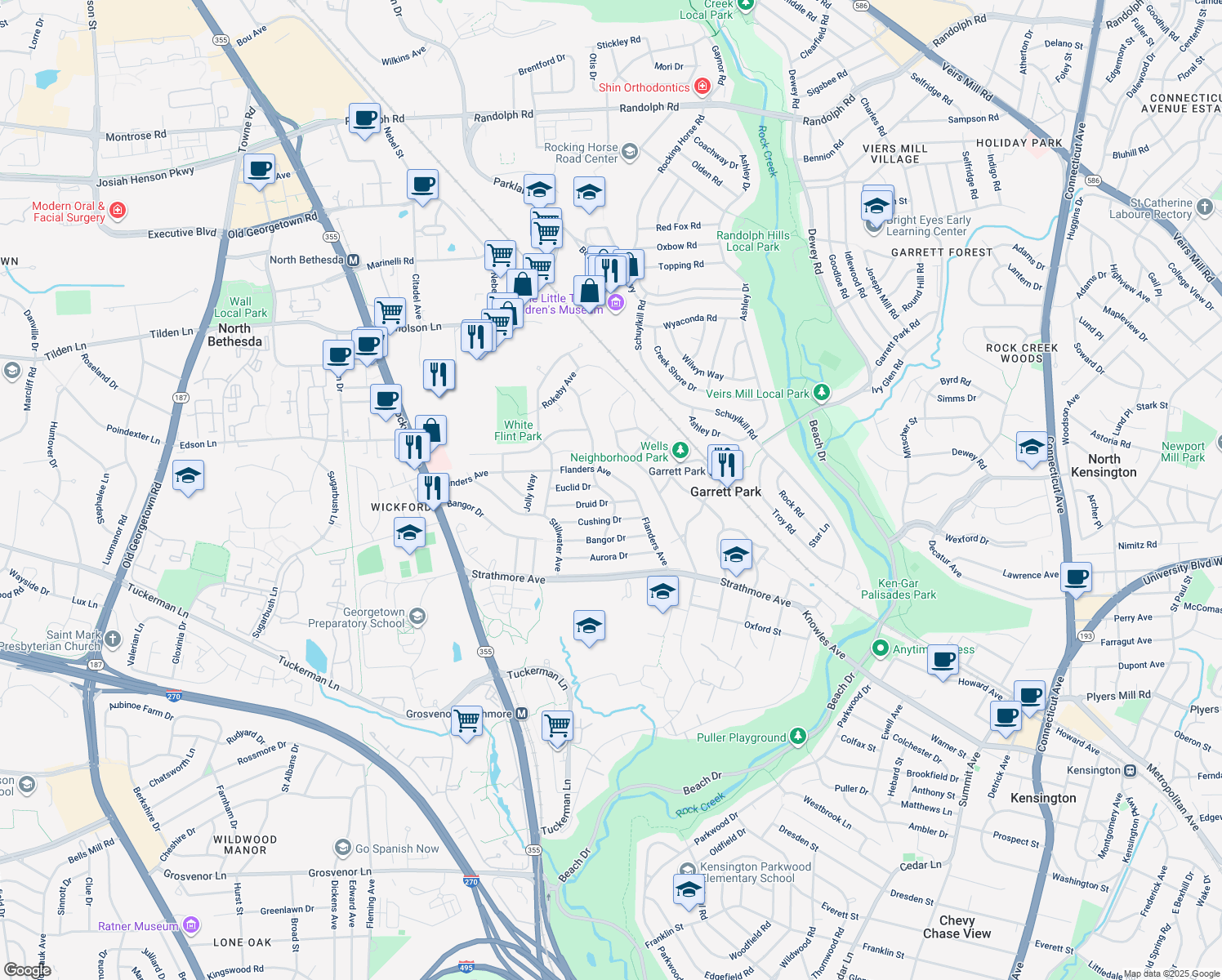 map of restaurants, bars, coffee shops, grocery stores, and more near 11105 Waycross Way in Kensington