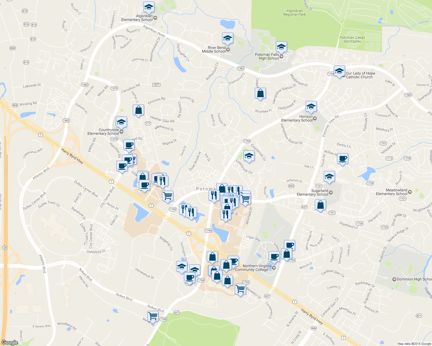 map of restaurants, bars, coffee shops, grocery stores, and more near 46230 Milthorn Terrace in Sterling