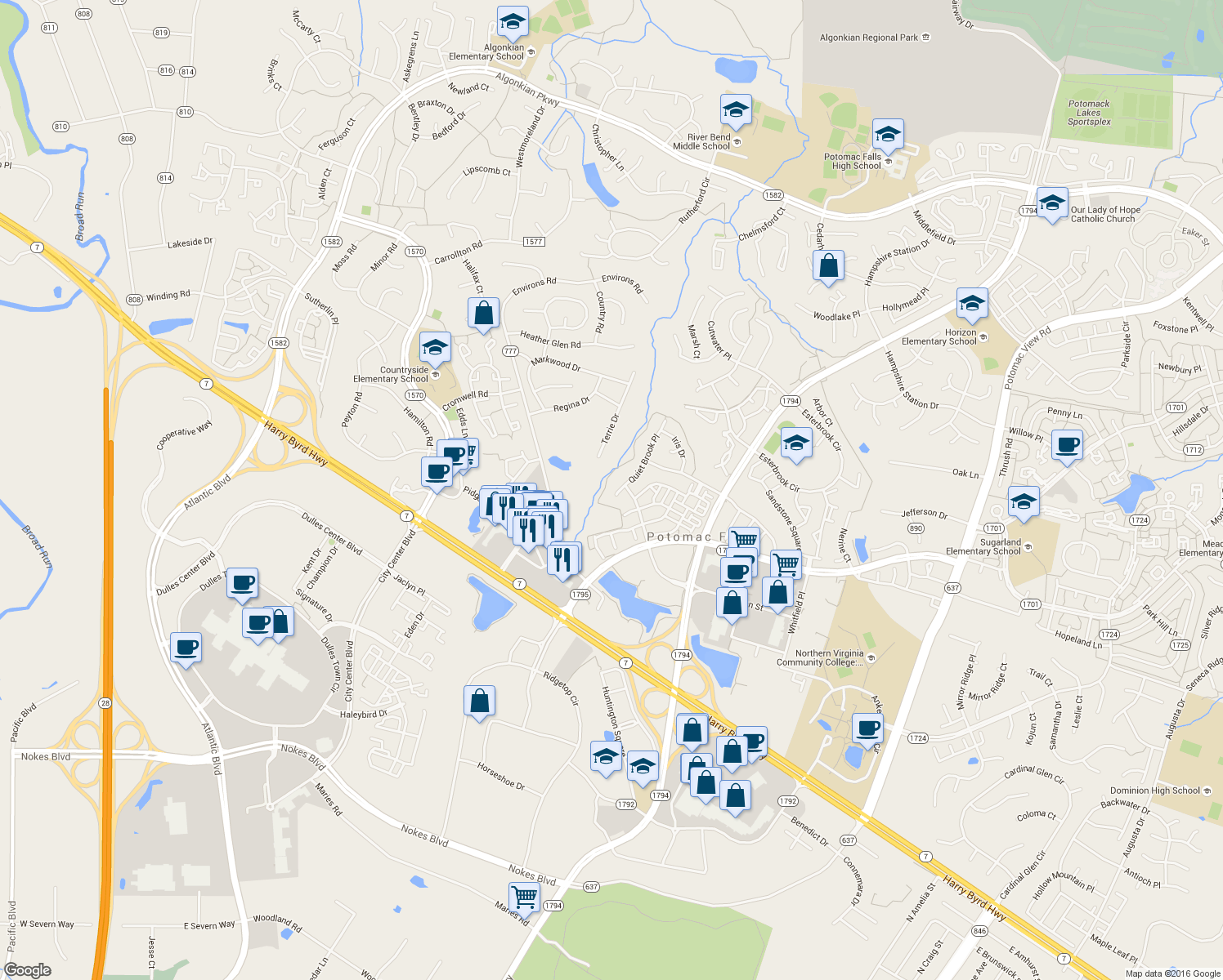 map of restaurants, bars, coffee shops, grocery stores, and more near 20815 Quiet Brook Place in Sterling