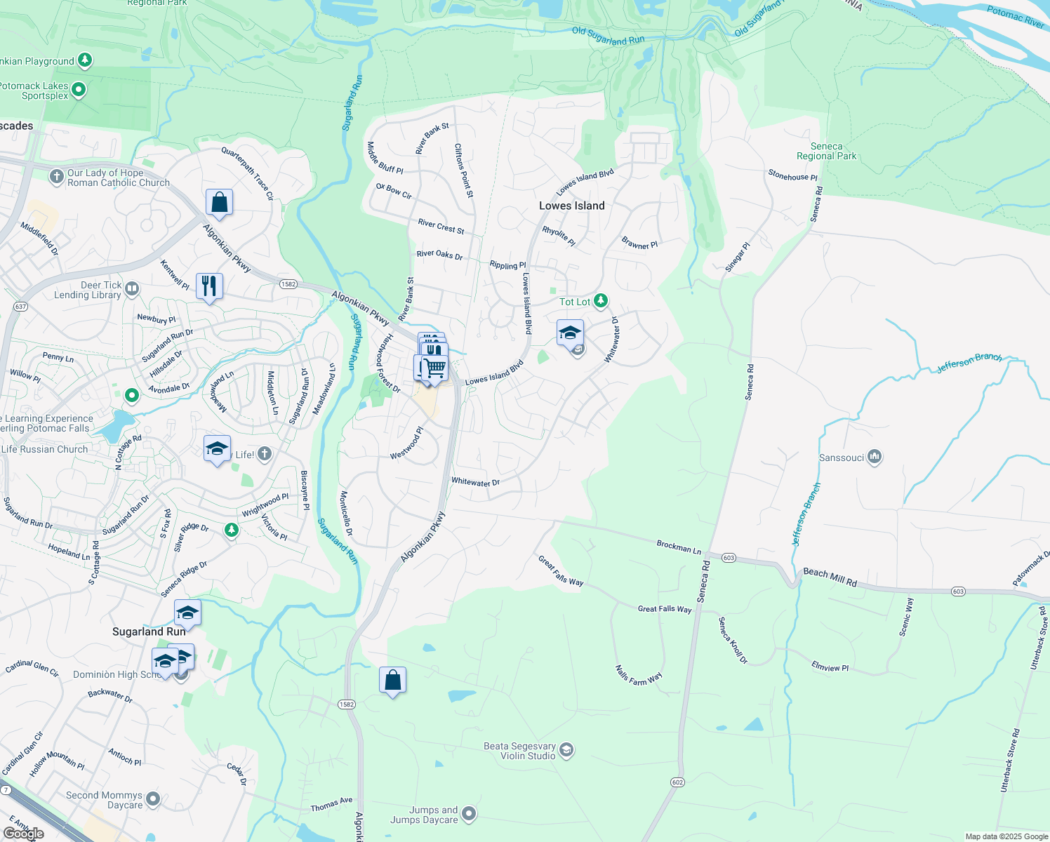 map of restaurants, bars, coffee shops, grocery stores, and more near 47676 Comer Square in Sterling