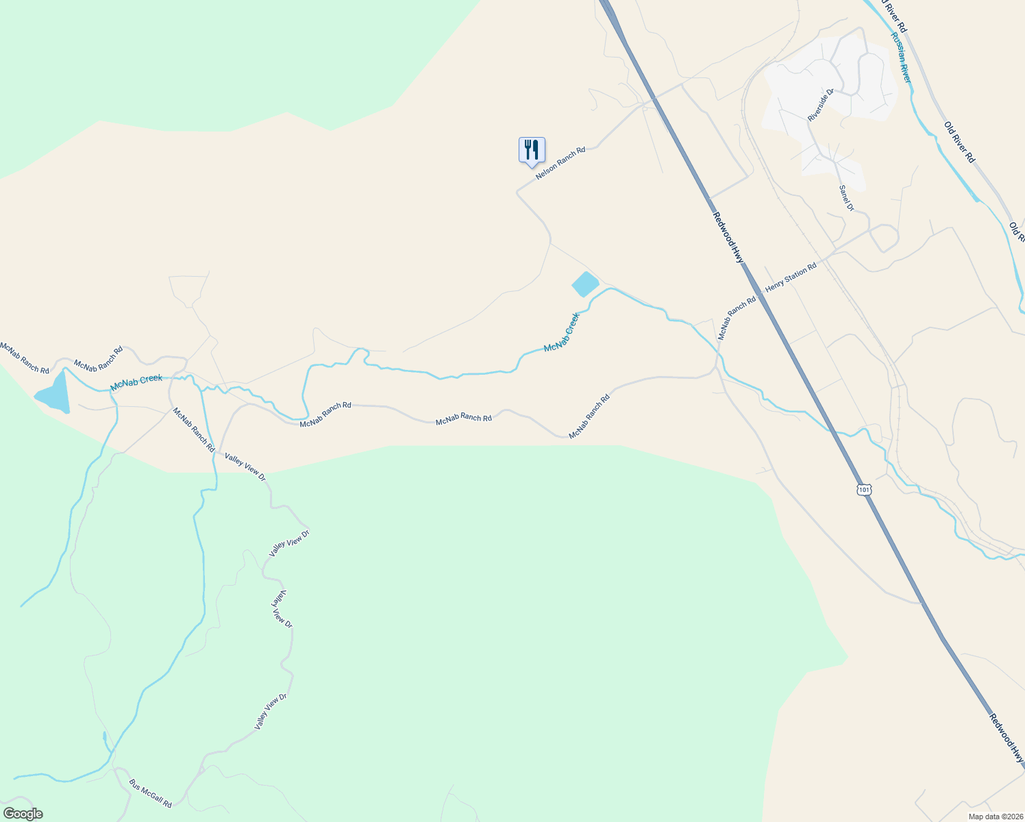 map of restaurants, bars, coffee shops, grocery stores, and more near 1040-1300 McNab Ranch Road in Ukiah
