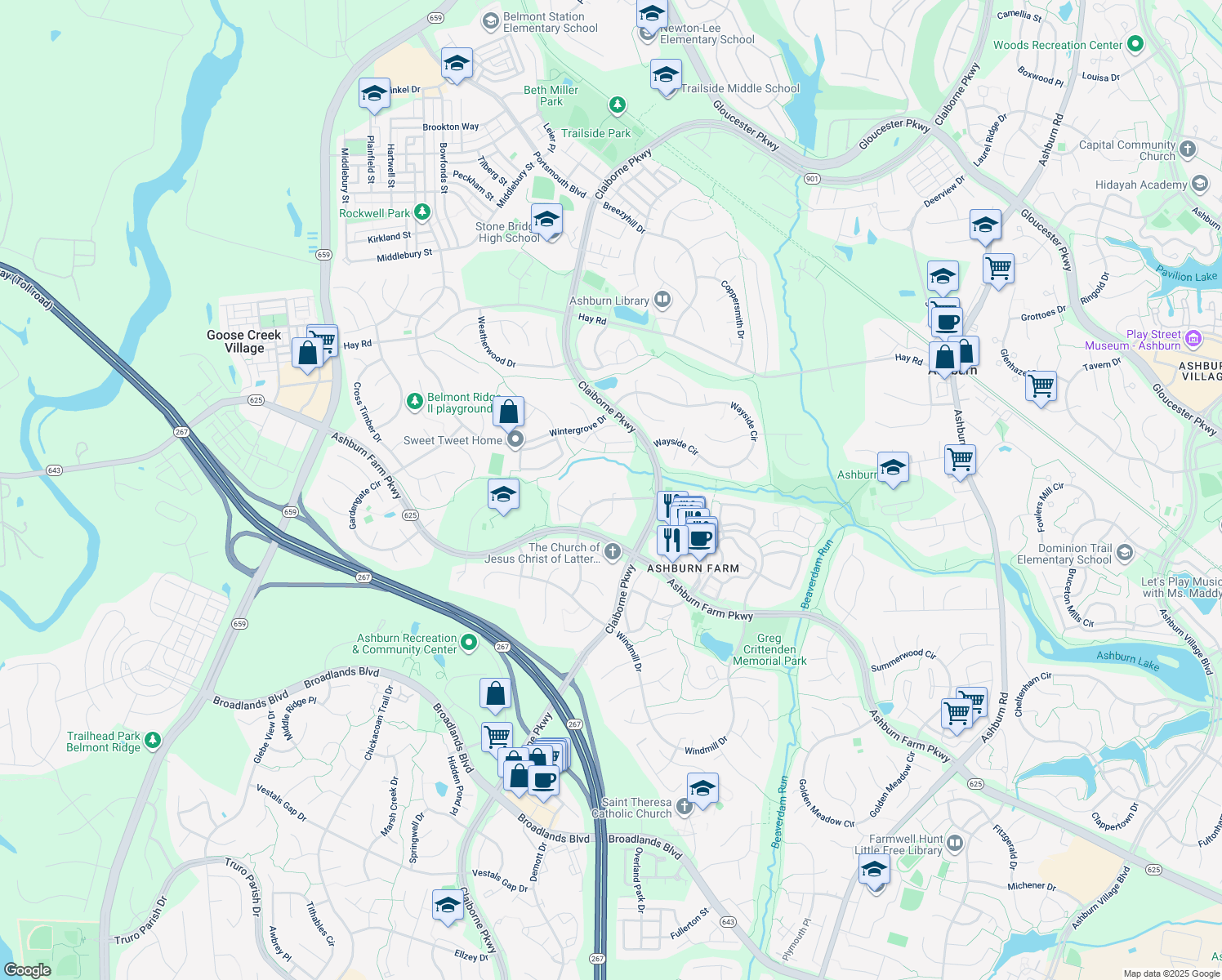 map of restaurants, bars, coffee shops, grocery stores, and more near 20886 Isherwood Terrace in Ashburn