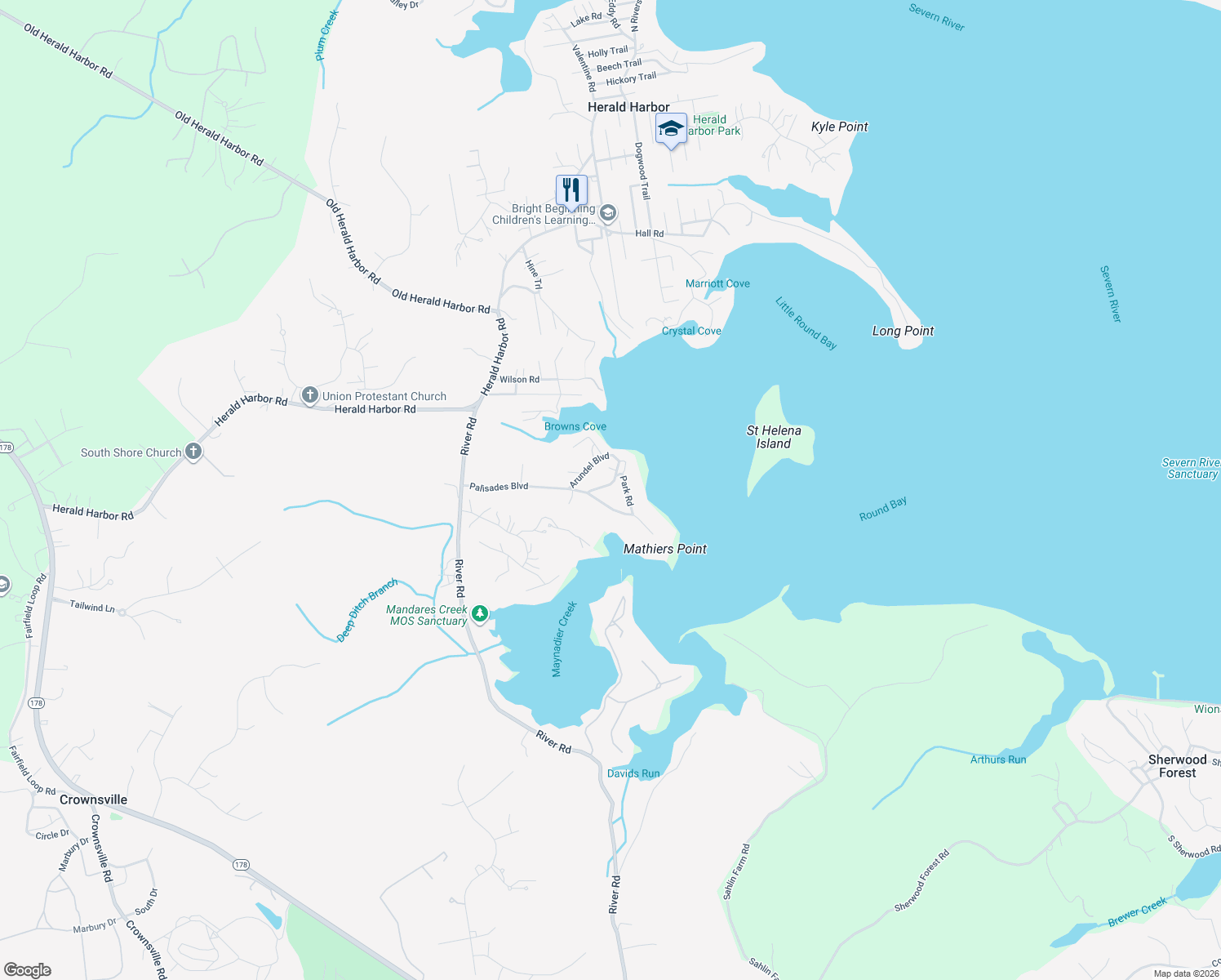 map of restaurants, bars, coffee shops, grocery stores, and more near 523 Anne Arundel Boulevard in Crownsville