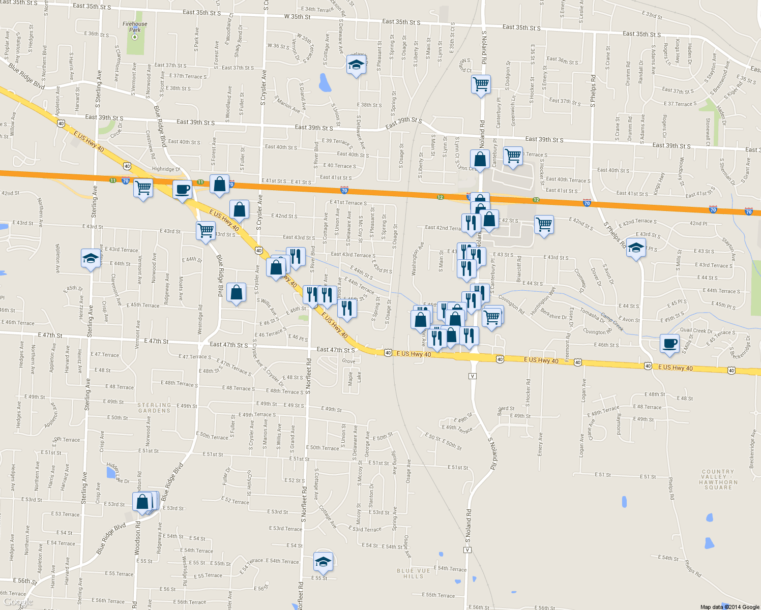 map of restaurants, bars, coffee shops, grocery stores, and more near 4507 S Spring St in Independence