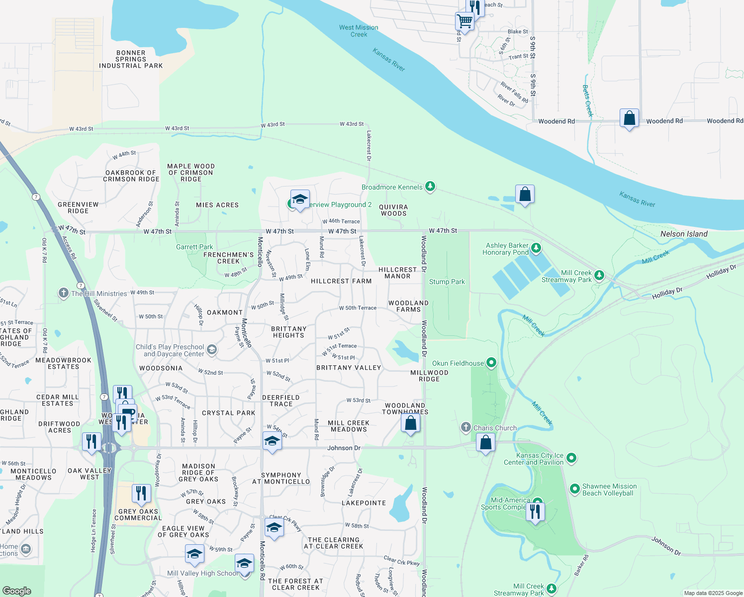 map of restaurants, bars, coffee shops, grocery stores, and more near 4930 Theden Street in Shawnee