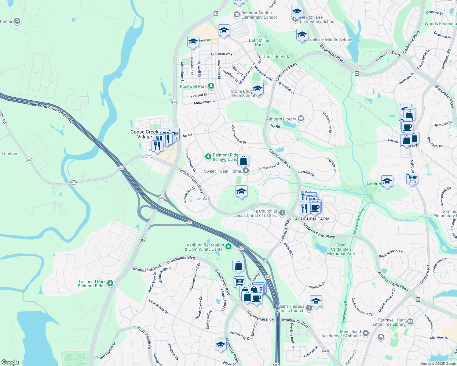map of restaurants, bars, coffee shops, grocery stores, and more near 20829 Mintwood Ct in Ashburn