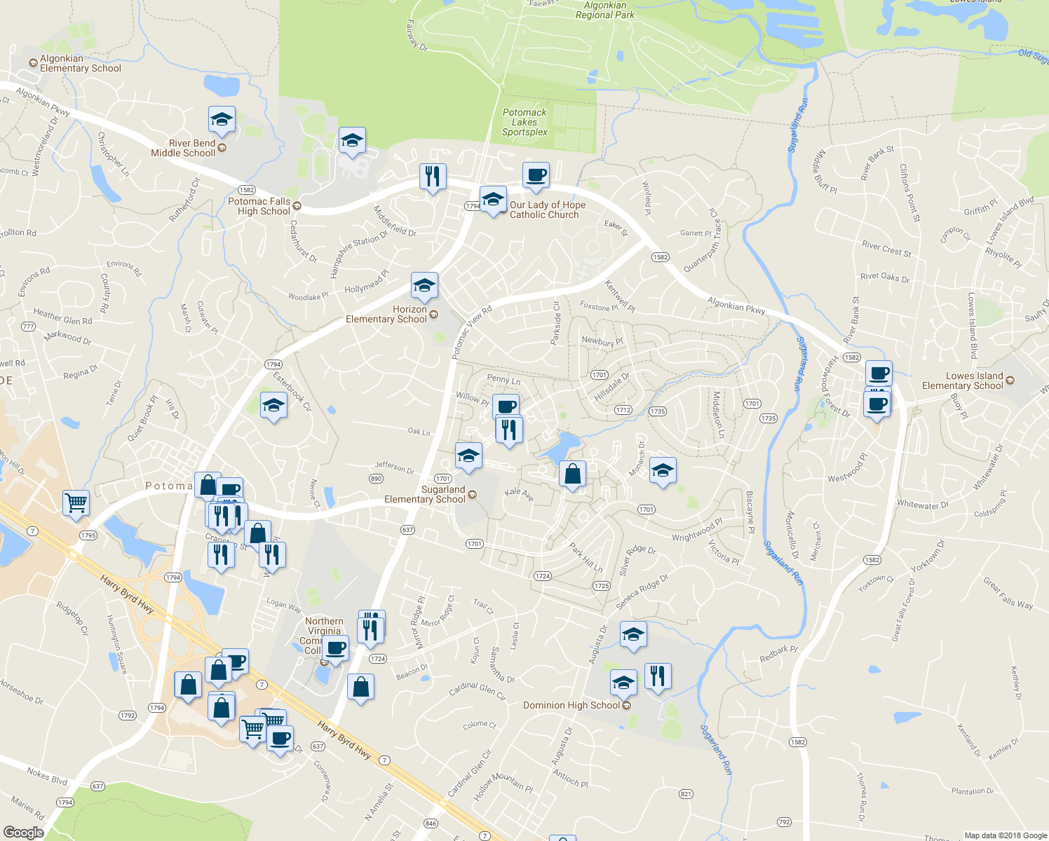 map of restaurants, bars, coffee shops, grocery stores, and more near 105 Woodgate Court in Sterling