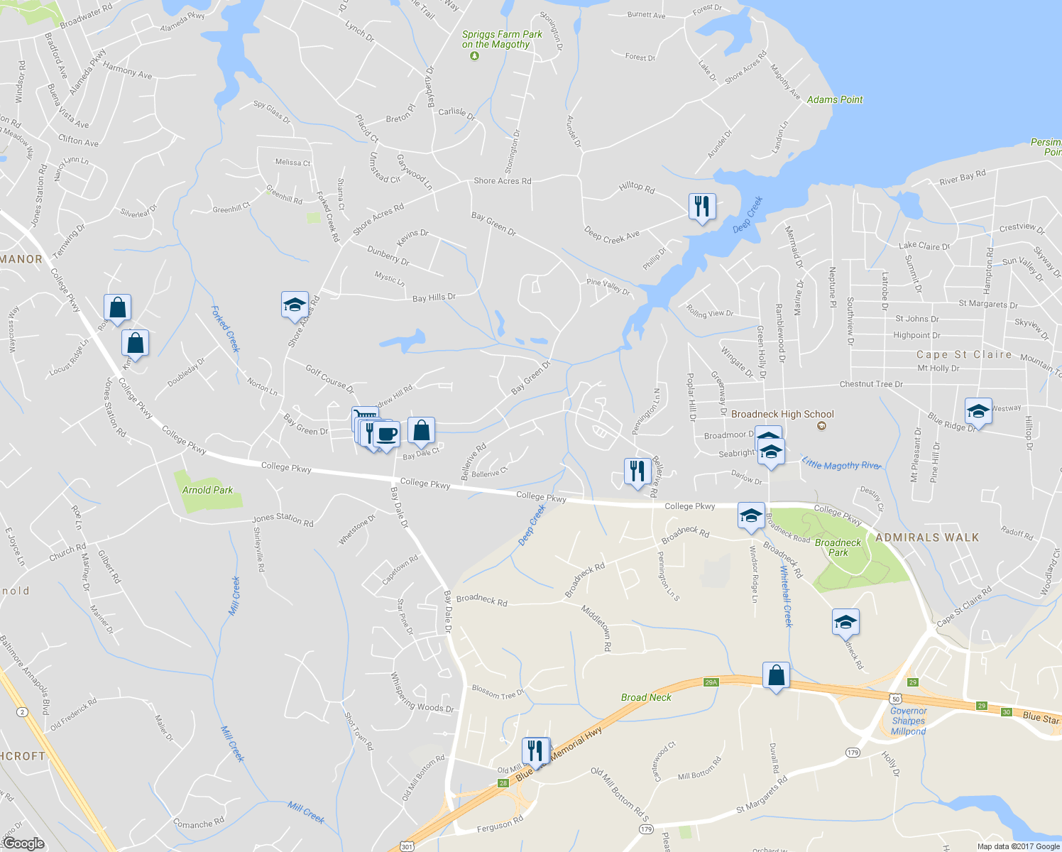 map of restaurants, bars, coffee shops, grocery stores, and more near 618 Newbridge Court in Arnold