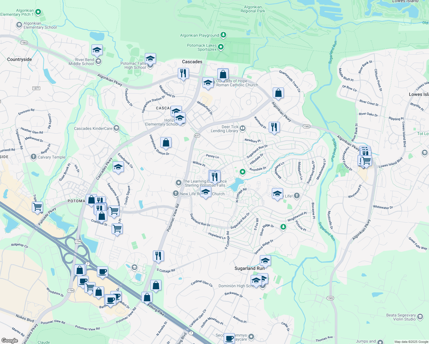 map of restaurants, bars, coffee shops, grocery stores, and more near 110 Sugarland Run Drive in Sterling