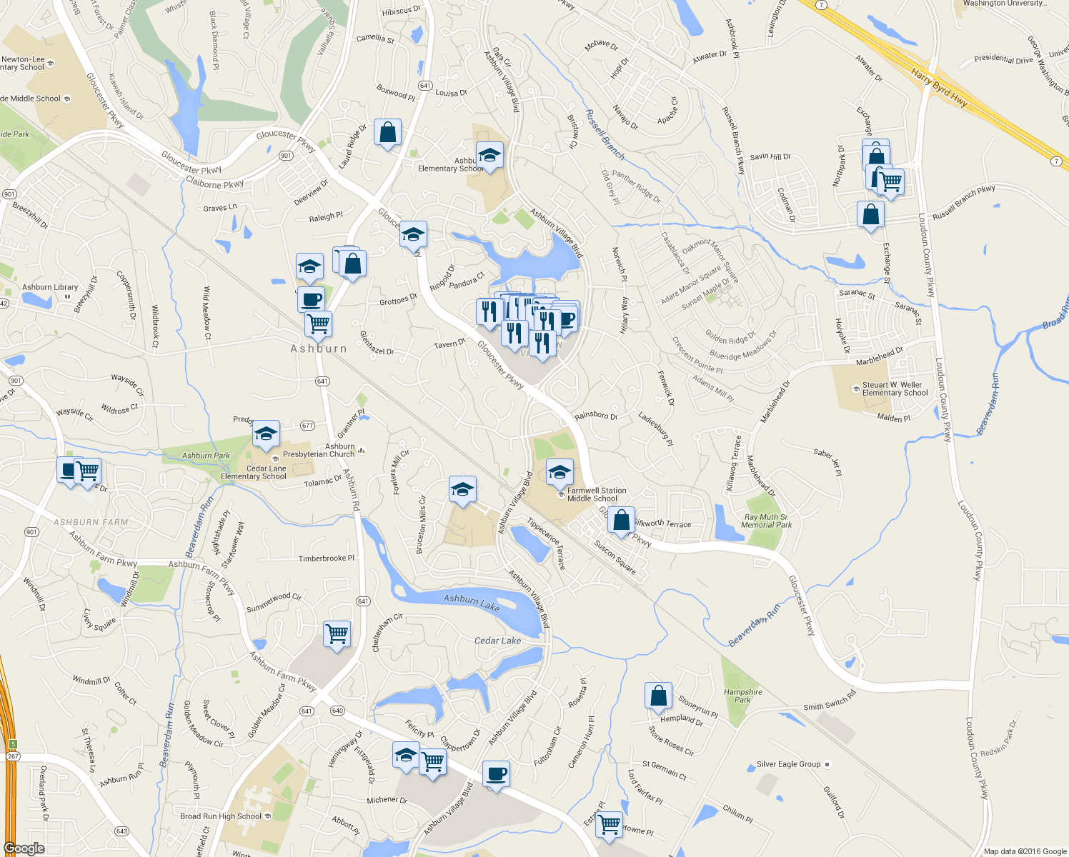 map of restaurants, bars, coffee shops, grocery stores, and more near 44121 Allderwood Terrace in Ashburn