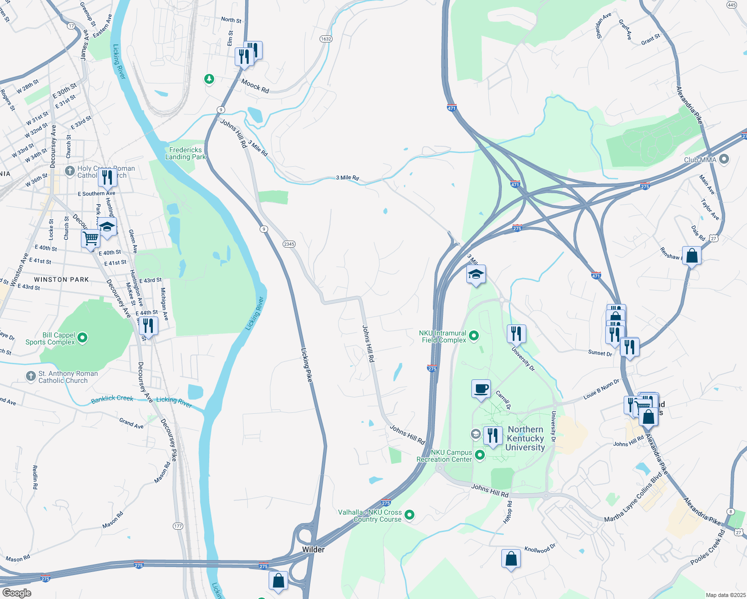 map of restaurants, bars, coffee shops, grocery stores, and more near 22 Regiment Court in Wilder