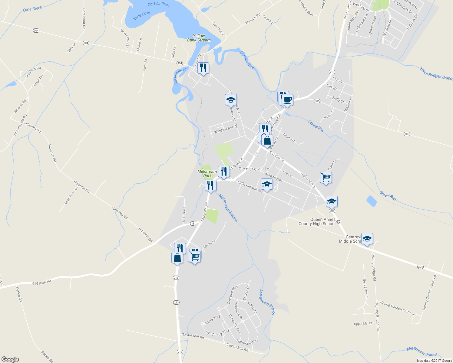 map of restaurants, bars, coffee shops, grocery stores, and more near 202 Ridgeview Court in Centreville