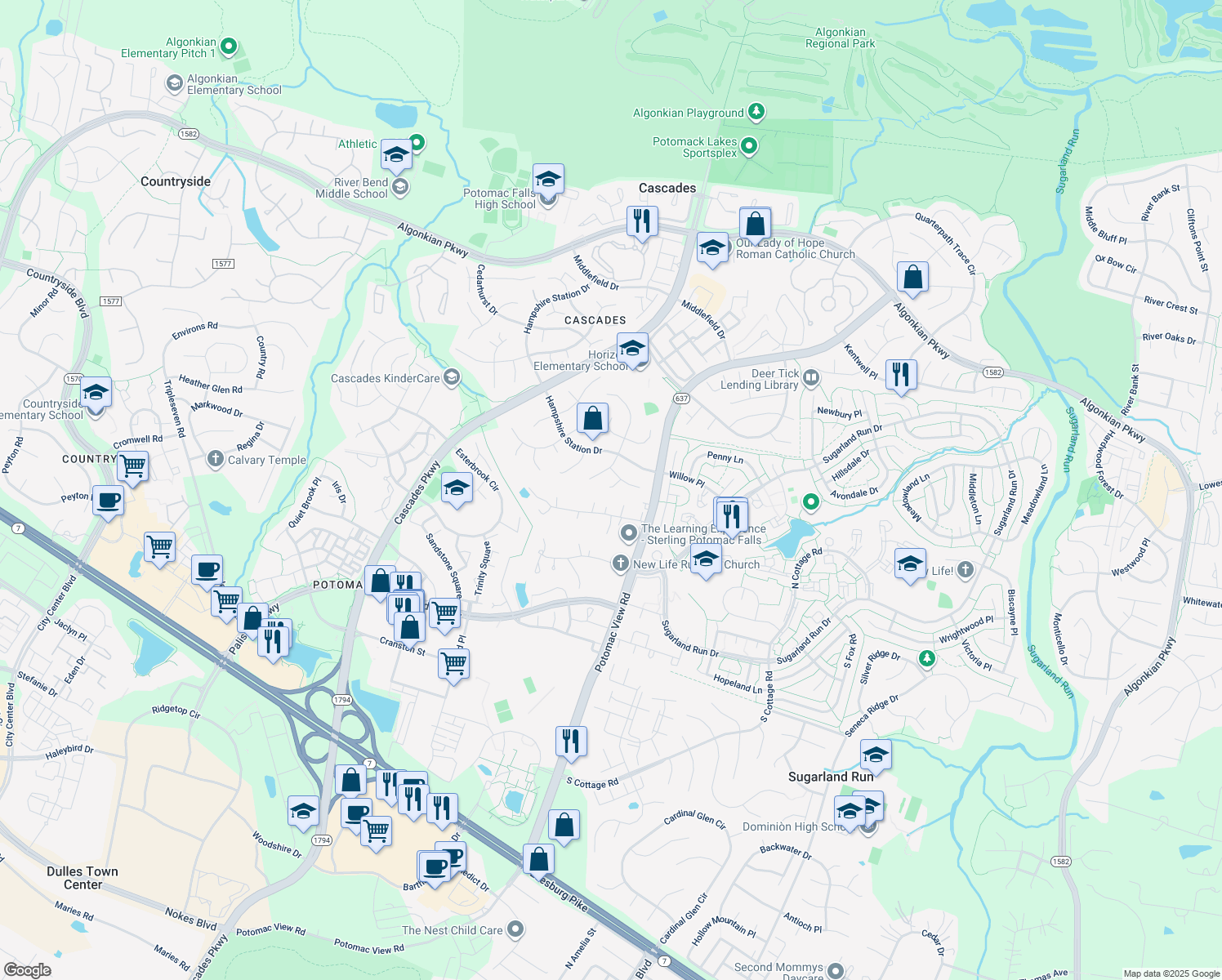 map of restaurants, bars, coffee shops, grocery stores, and more near 46619 Oakhurst Court in Sterling